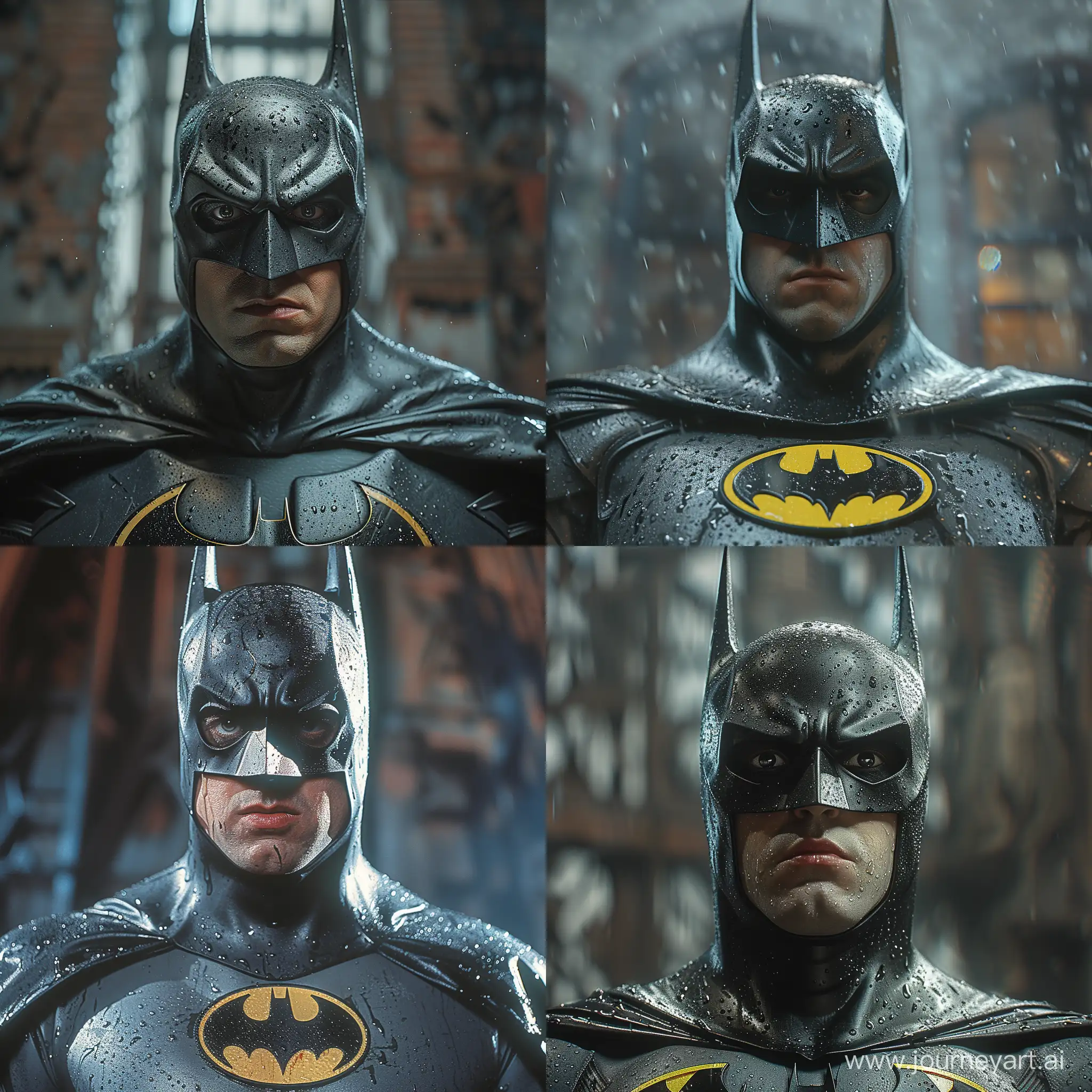 a close-up of realistic batman 1989 costume, the opening for the eyes and lower part of the face. The character's expression is serious or stern, consistent with the typical portrayal of Batman as a determined and intense superhero. The costume appears to be made of a material that mimics the texture of leather, readiness to face danger. The lighting is dim, suggesting a dark or nighttime setting, which is characteristic of the Gotham City environment where batman often operates. The background is blurred and not clearly discernible, but it seems to be a gloomy and possibly industrial setting, adding to the overall dark and gritty atmosphere often associated with batman media --stylize 750 --s 750 --v 6