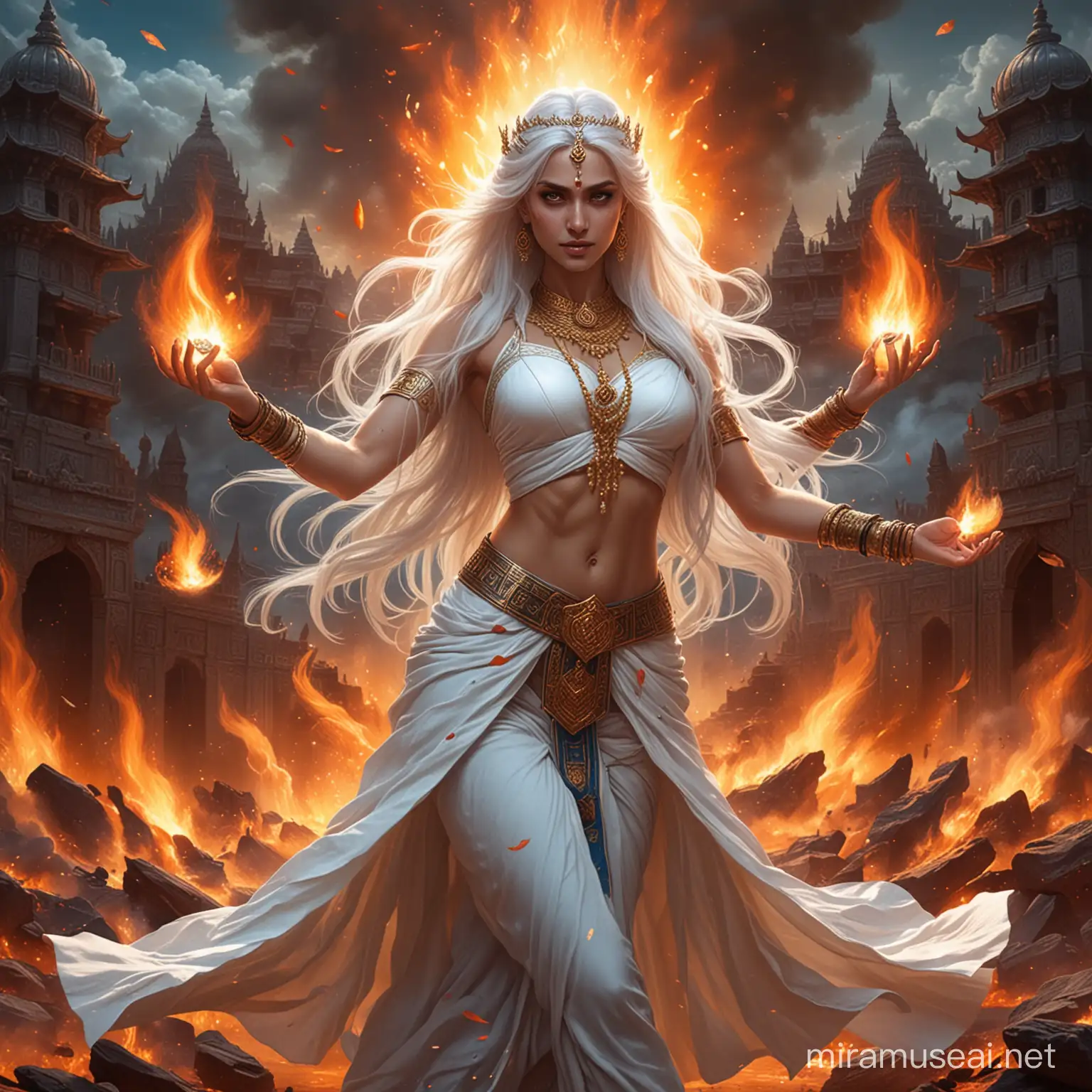 Diosa emperatriz hermosa joven de cabellos blancos largos y ojos azules vestida como Diosa emperatriz hindu en combate con las manos extendidas lanzando fuego de frente, y atrás de ella y a su alrededor diosas y dioses hindus demoníacas en posición flor de loto rodeados de fuego y de fondo un valle tenebroso y un palacio hindu tenebroso y la palabra kayashiel emperatriz escrita con letras de fuego 