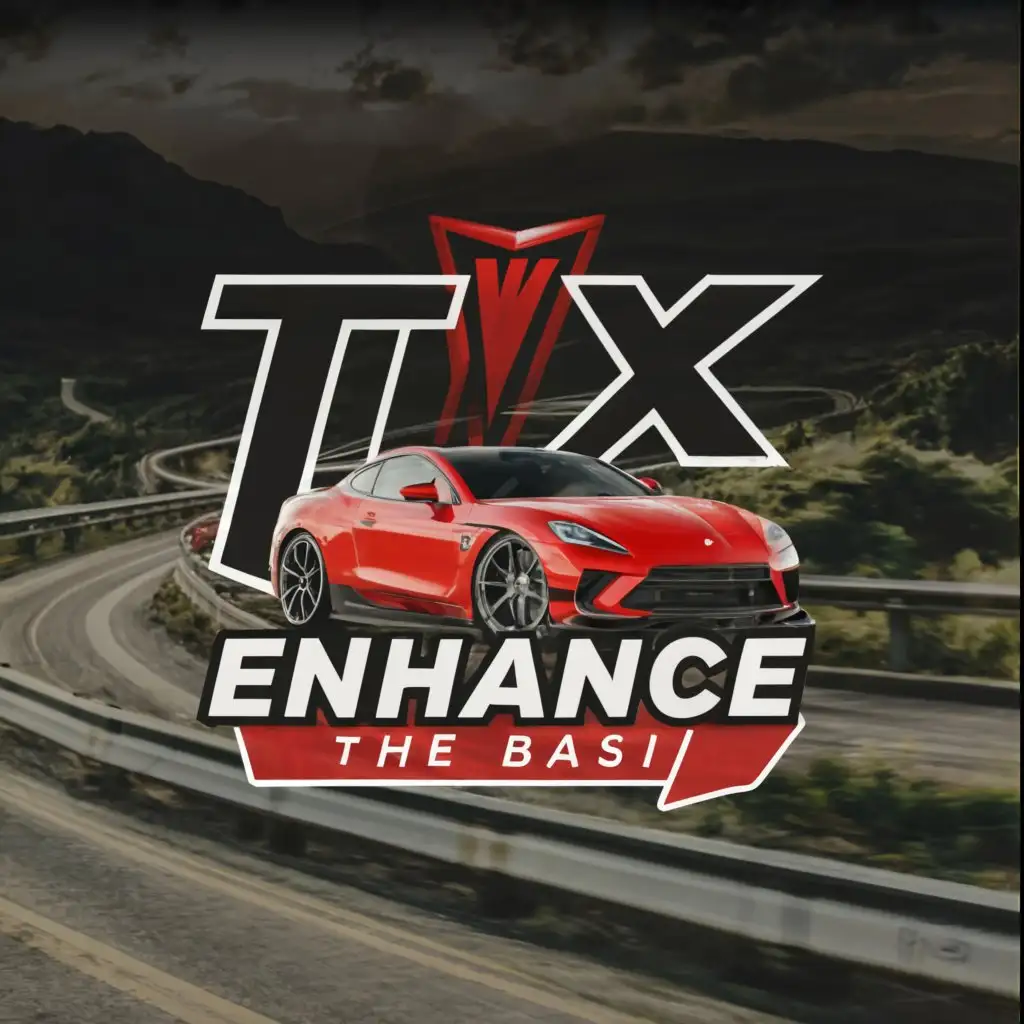 a logo design,with the text "TX
Enhance the basic!", main symbol:Super car logo, but the background is realistic has a road with trees and a beautiful view. The main colors should be red and black,Minimalistic,be used in Travel industry,clear background