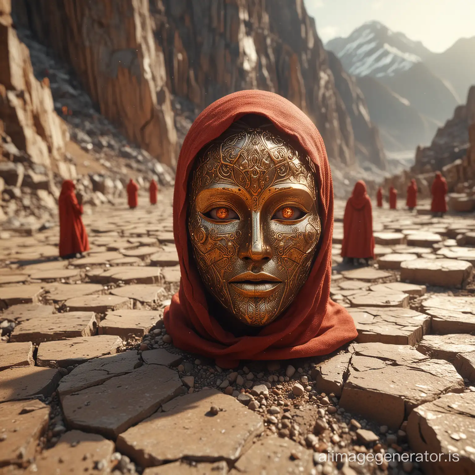 close-up,epically pathetic, tilt-shift engraving, in high halls of a golden hexagonal profile in the sky on open ashy mountain spaces, tall beings in red cloaks, masks of pain, graphite palette, wide angle, face to camera,Ray Tracing Global Illumination,Optics, Scattering,Glow,insanely detailed and intricate,superdetailed,Hyper detailed