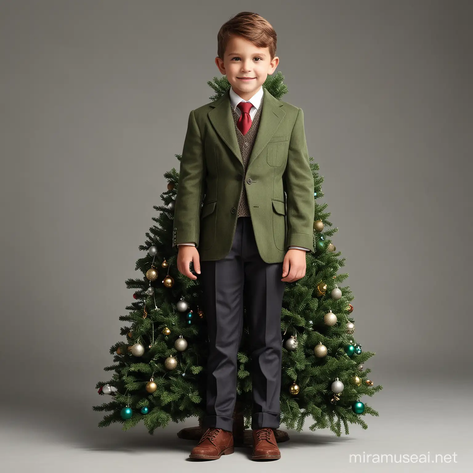 create a fashionable 5-year-old man wearing a realistic christmas tree
