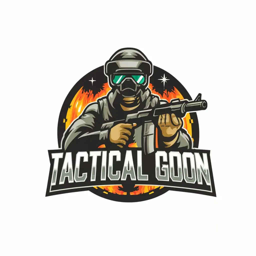 a logo design,with the text "Tactical 
 Goon", main symbol:Soldier with night vision goggles and helmet raising his gun to the night sky filled with stars,Moderate,clear background