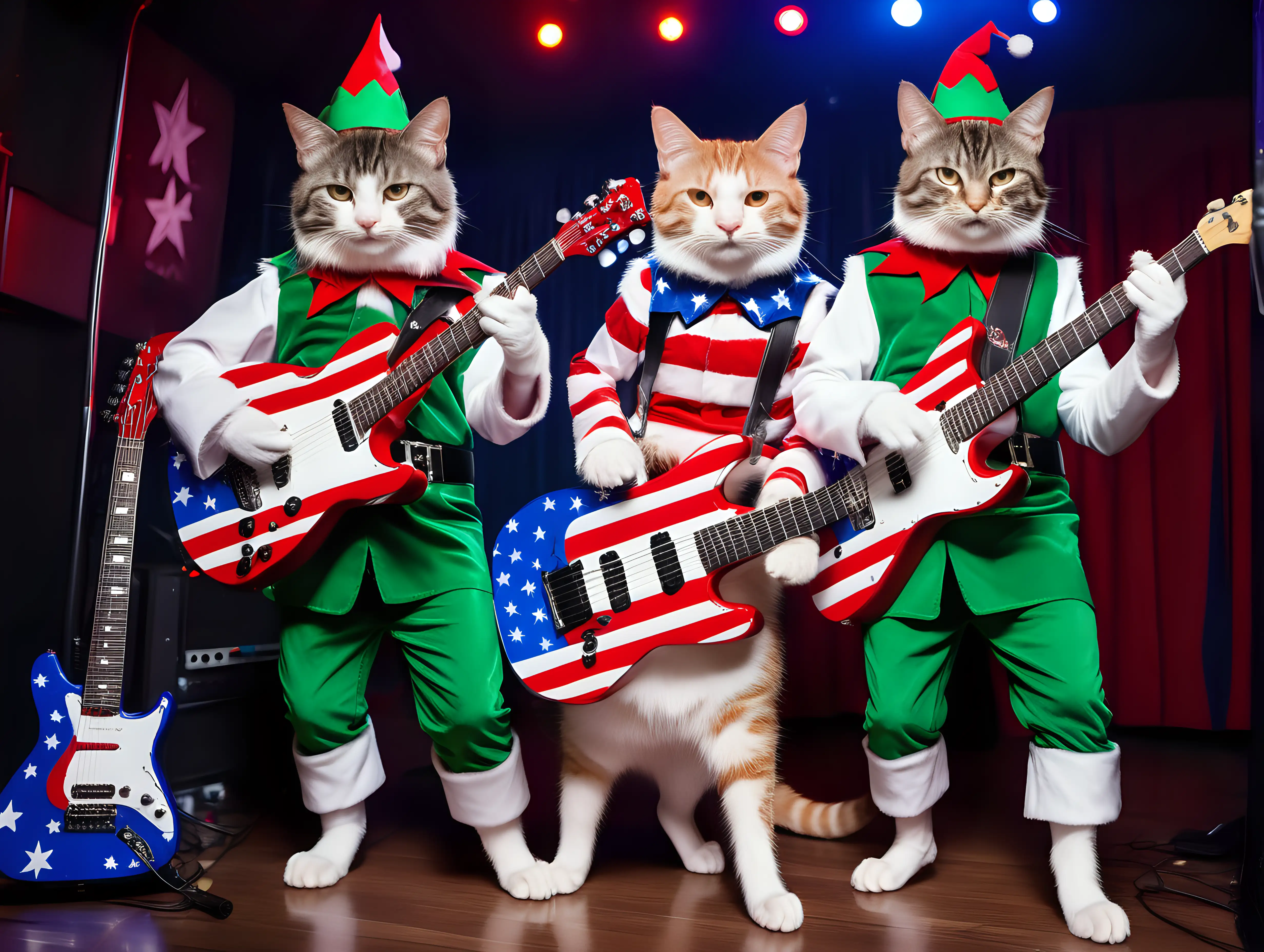 Whimsical Nightclub Scene Cats Jamming on Stars and Stripes Guitars in Elf Costumes
