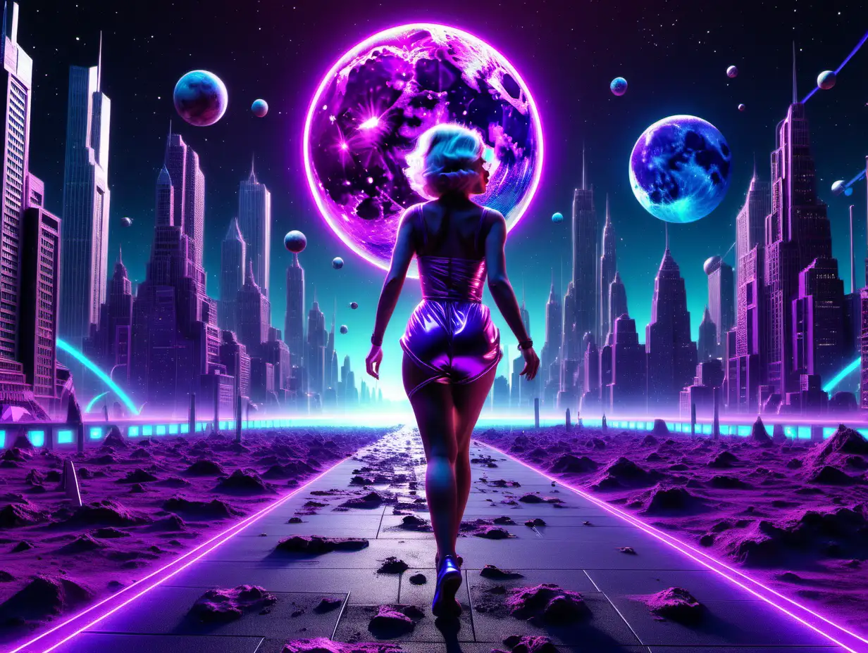 Futuristic Empty Cityscape with Purple Neon Lights and Surreal Celestial Elements Featuring Running Marilyn Monroe