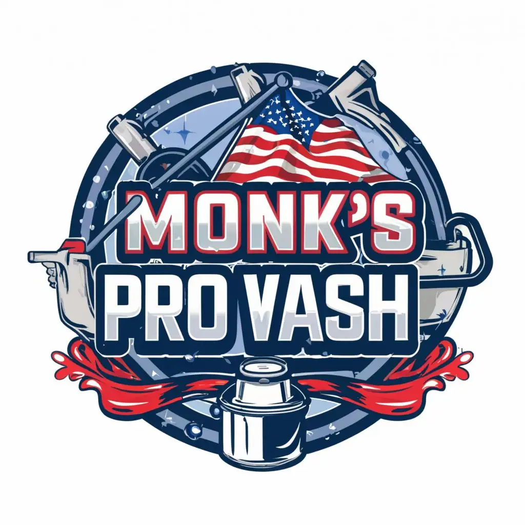 a logo design,with the text "Monk's Pro Wash", main symbol:American Flag,pressure washing gear, water,Moderate,clear background