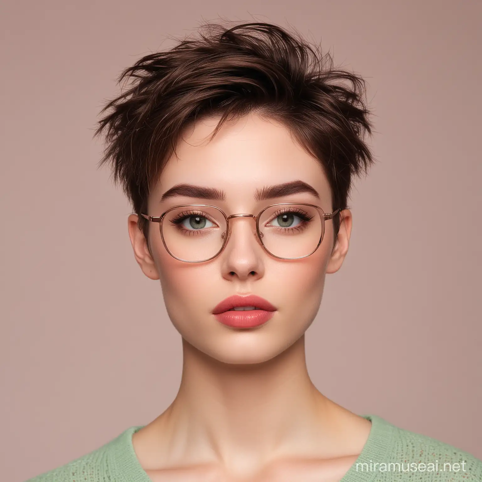 androgynous person with pale skin, yellow undertones, broad and upturned nose, square face shape, feathery brown eyebrows, thin pale pink lips, wide almond shaped brown eyes, square glasses with teal frame, dark brown hair with red tips, short hair, wide face