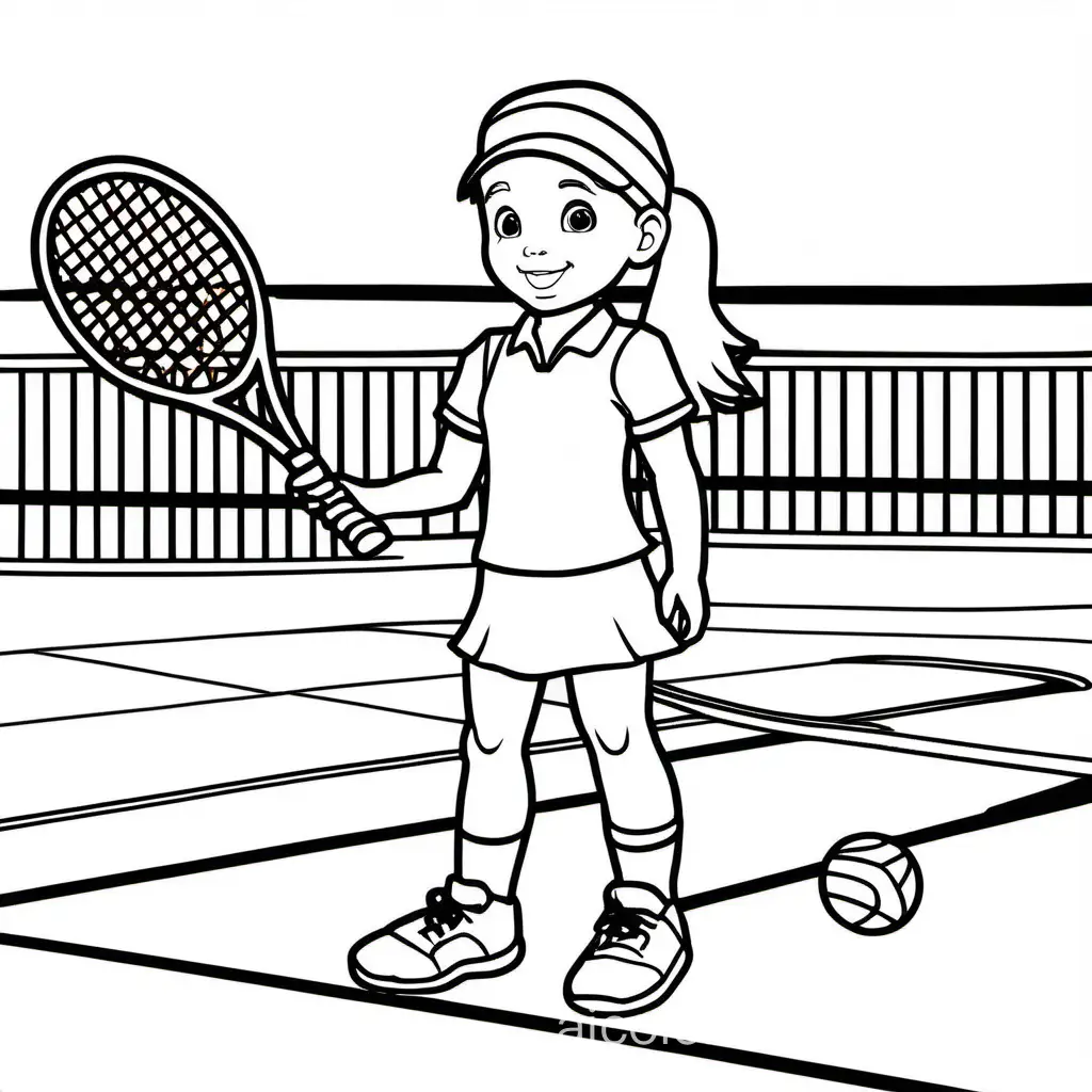 girl playing tennis, tennis uniform, pigtails, focused tennis stance, holding tennis racket, standing on tennis court, colorless , Coloring Page, black and white, line art, white background, Simplicity, Ample White Space. The background of the coloring page is plain white to make it easy for young children to color within the lines. The outlines of all the subjects are easy to distinguish, making it simple for kids to color without too much difficulty, Coloring Page, black and white, line art, white background, Simplicity, Ample White Space. The background of the coloring page is plain white to make it easy for young children to color within the lines. The outlines of all the subjects are easy to distinguish, making it simple for kids to color without too much difficulty
