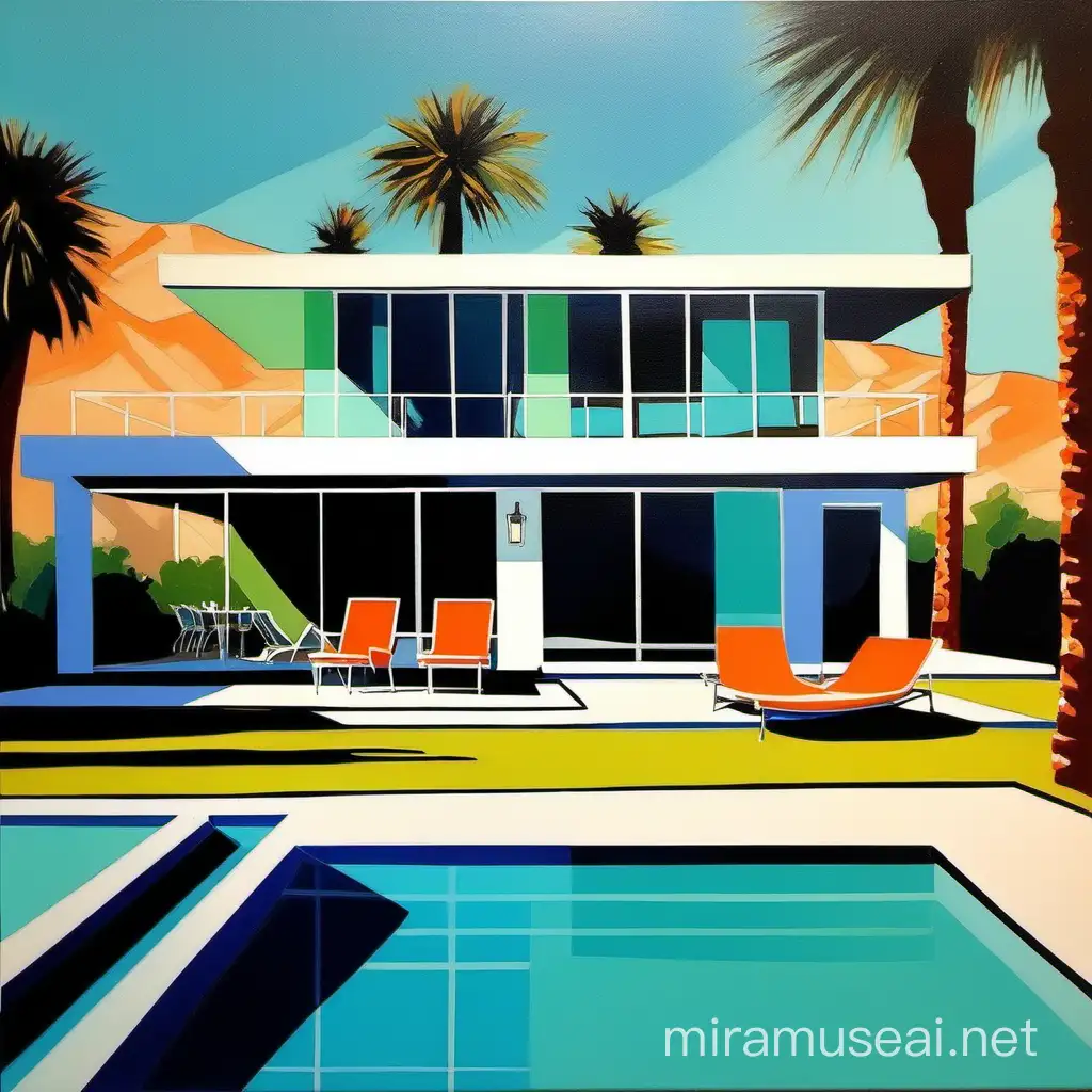 Mid Century Modern Eames Retro home with pool in Palm Springs acrylic painting, colorful, in the style of Edward Hopper and Thomas Wells Schaller
