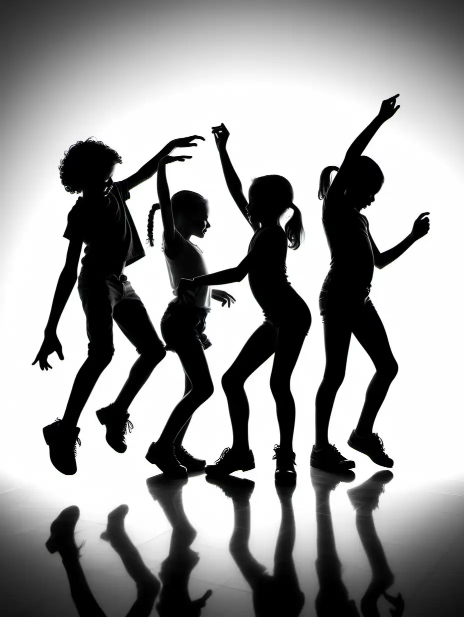 dance party, pre-teen black silhouette, white background
