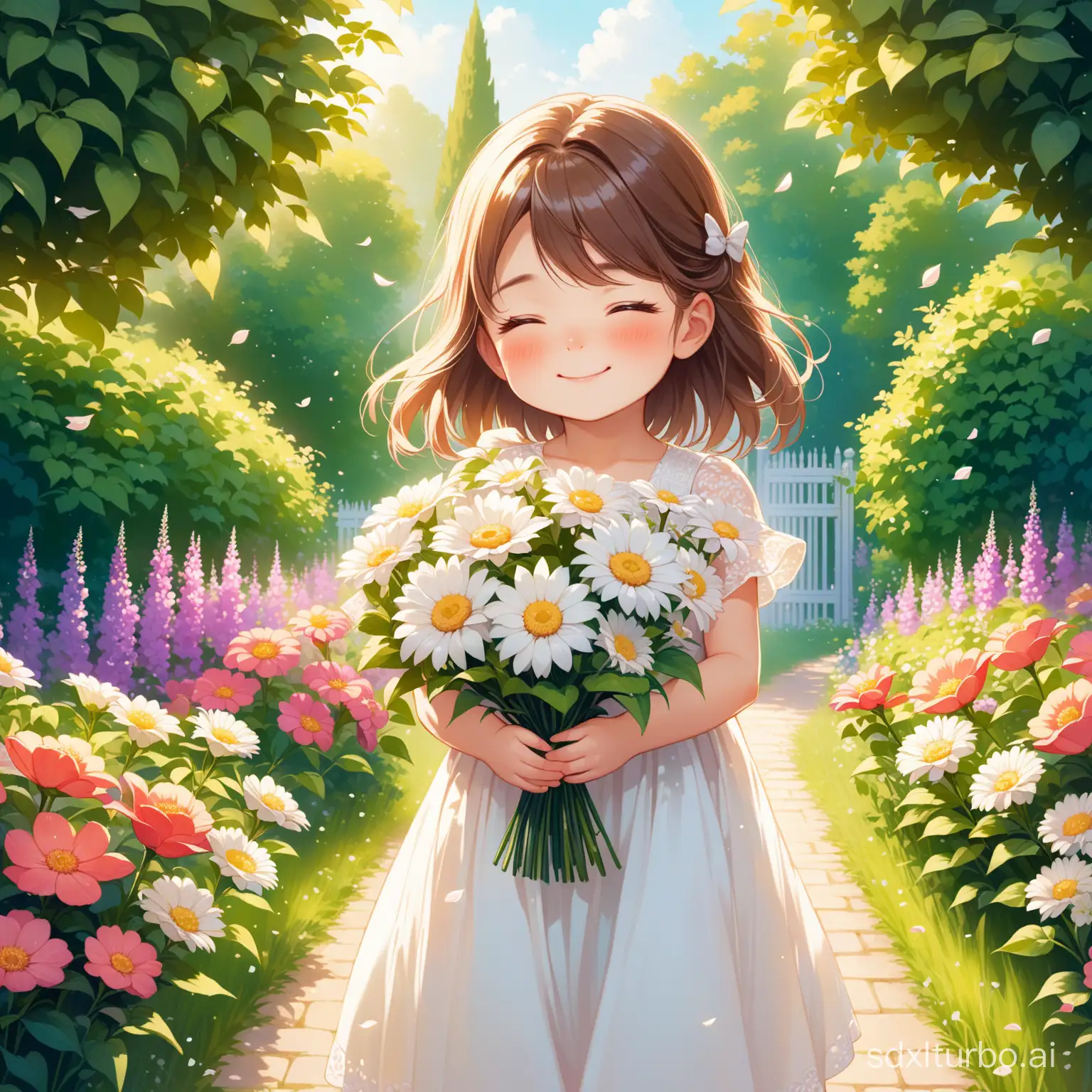 The little girl holding a bouquet in her arms under the gaze, squinting and smiling, wearing a white dress, with a garden behind her, more flowers, less paths
