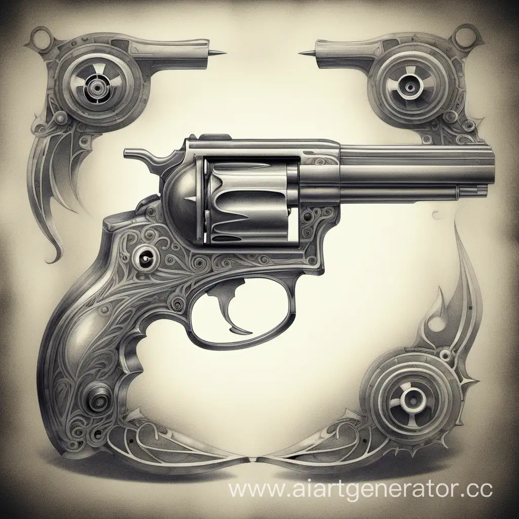 old revolver, dark fantasy style, pencil drawing,