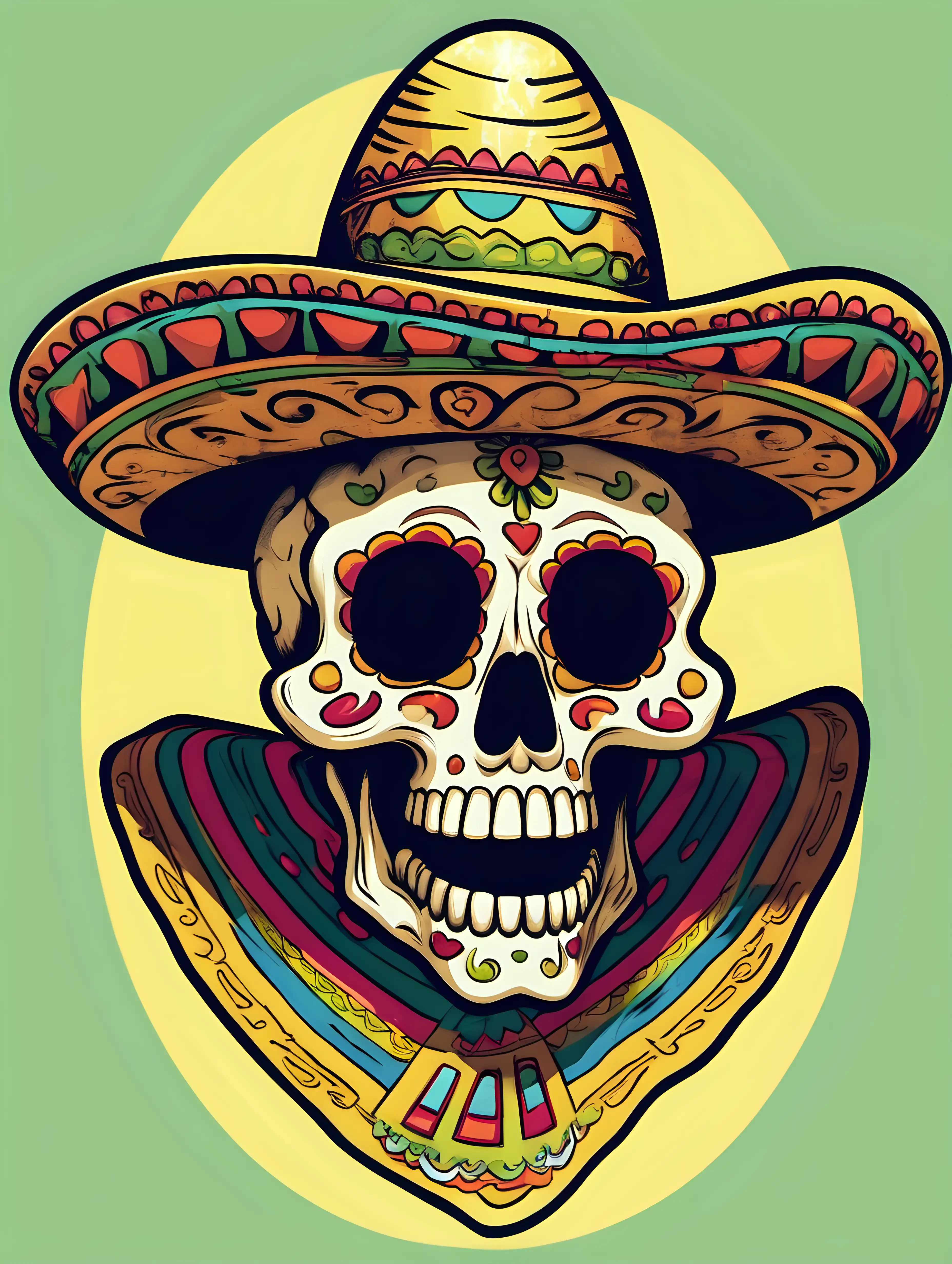 cinco de Mayo Style cartoon image of a skull wearing a sombrero Colourful. No text