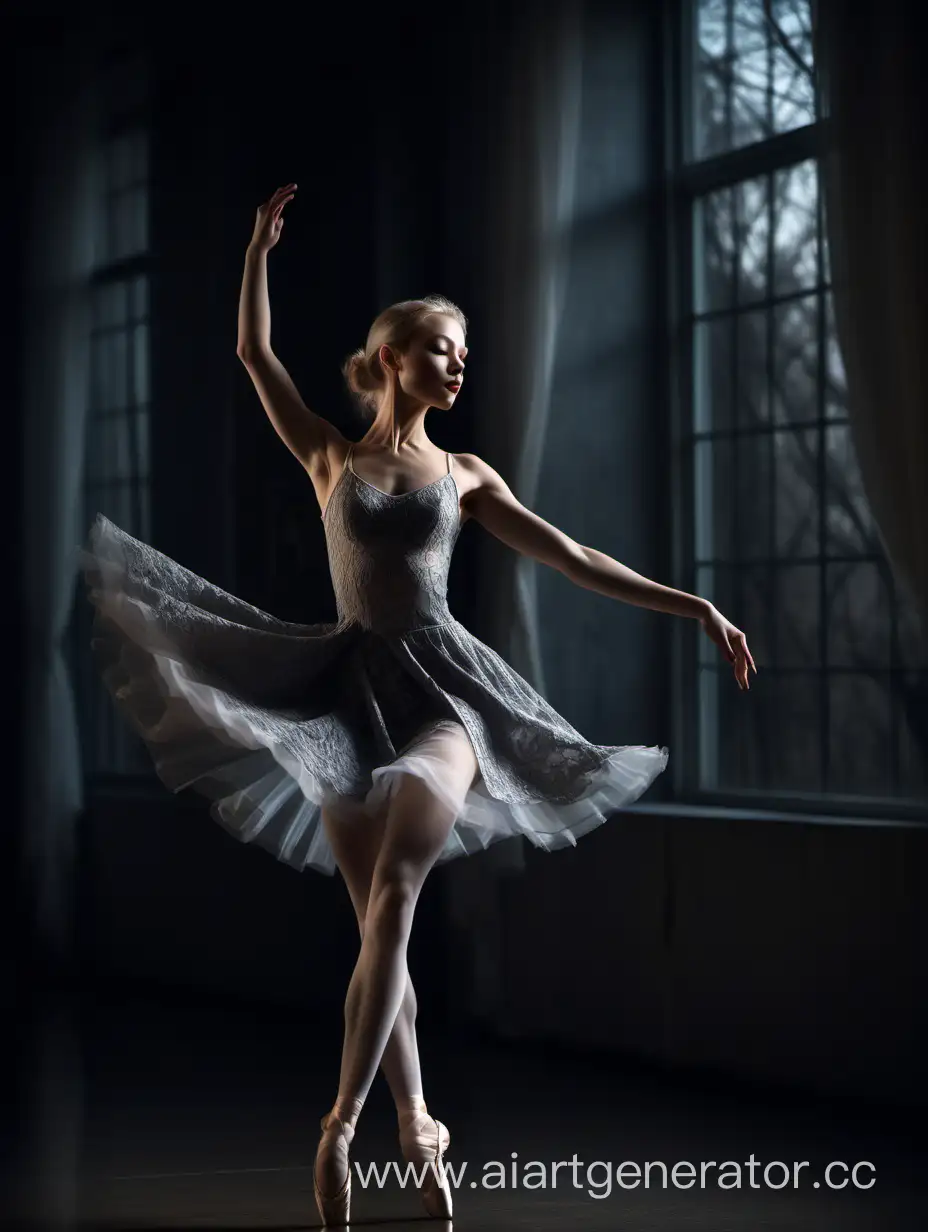 una escena poética y visualmente cautivadora. La imagen muestra a una hermosa bailarina rusa rubia , pechos medianos con un maquillaje delicado y ojos claros, luciendo un vestido de encaje gris (el vestido tiene diseños pétalos y una falda corta). Ella está bailando ballet en soledad en un salón oscuro, iluminado por la luz de la luna que entra por un gran ventanal. Las zapatillas de ballet que lleva puestas son blancas, lo que resalta su figura y su rostro angelical.  Esta descripción nos transporta a un ambiente mágico y romántico, donde la bailarina se encuentra en el centro del salón, expresando su arte y gracia a través de la danza. La combinación de la oscuridad del salón, la luz de la luna y la elegancia de la bailarina crea una imagen visualmente impactante y llena de belleza.