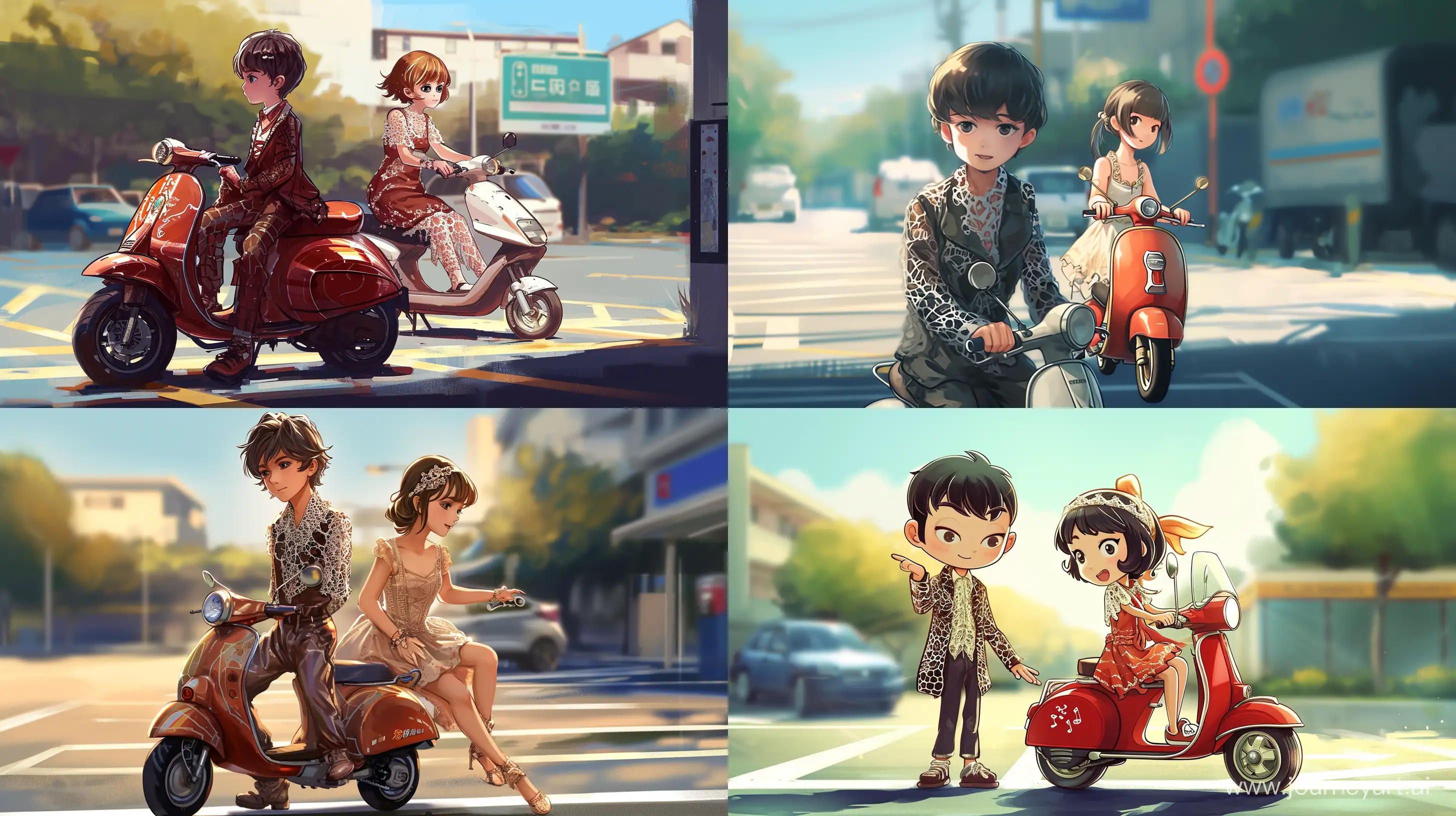 Anime-Style-Children-Illustration-Boy-in-Laced-Clothes-Watches-Girl-Riding-a-Scooter-in-Parking-Space