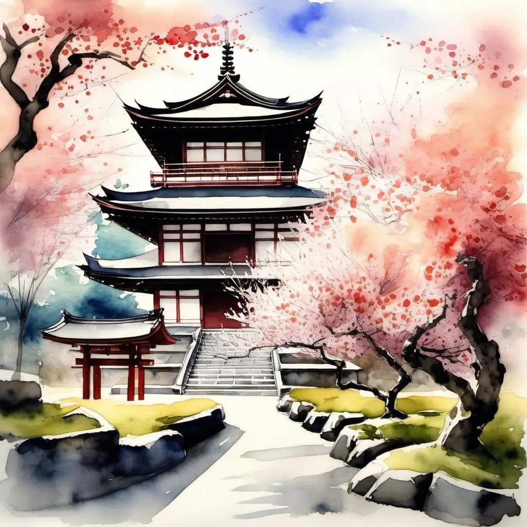 LANDSCAPE OF A JAPANESE TEMPLE WITH CHERRY TREE
,watercolor art