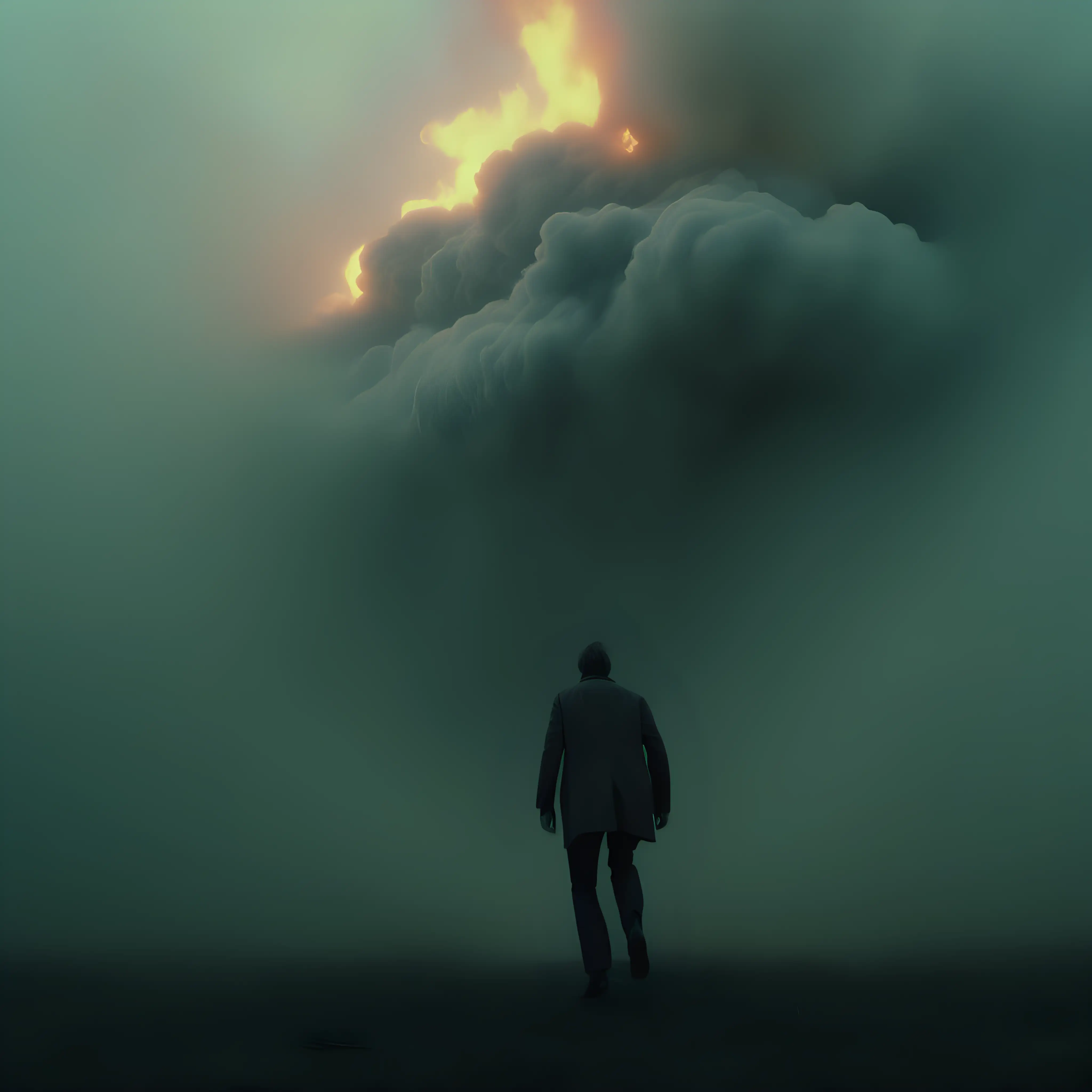 Dystopian Realism Man Falling from Burning Sky in Foggy Landscape