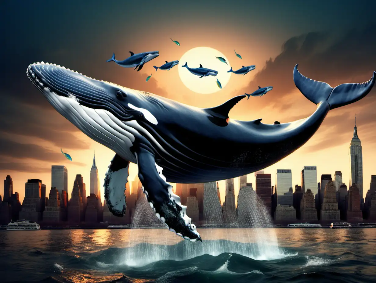 Majestic Whale Soaring Over New York Skyline with Horses and Fishes at Dusk