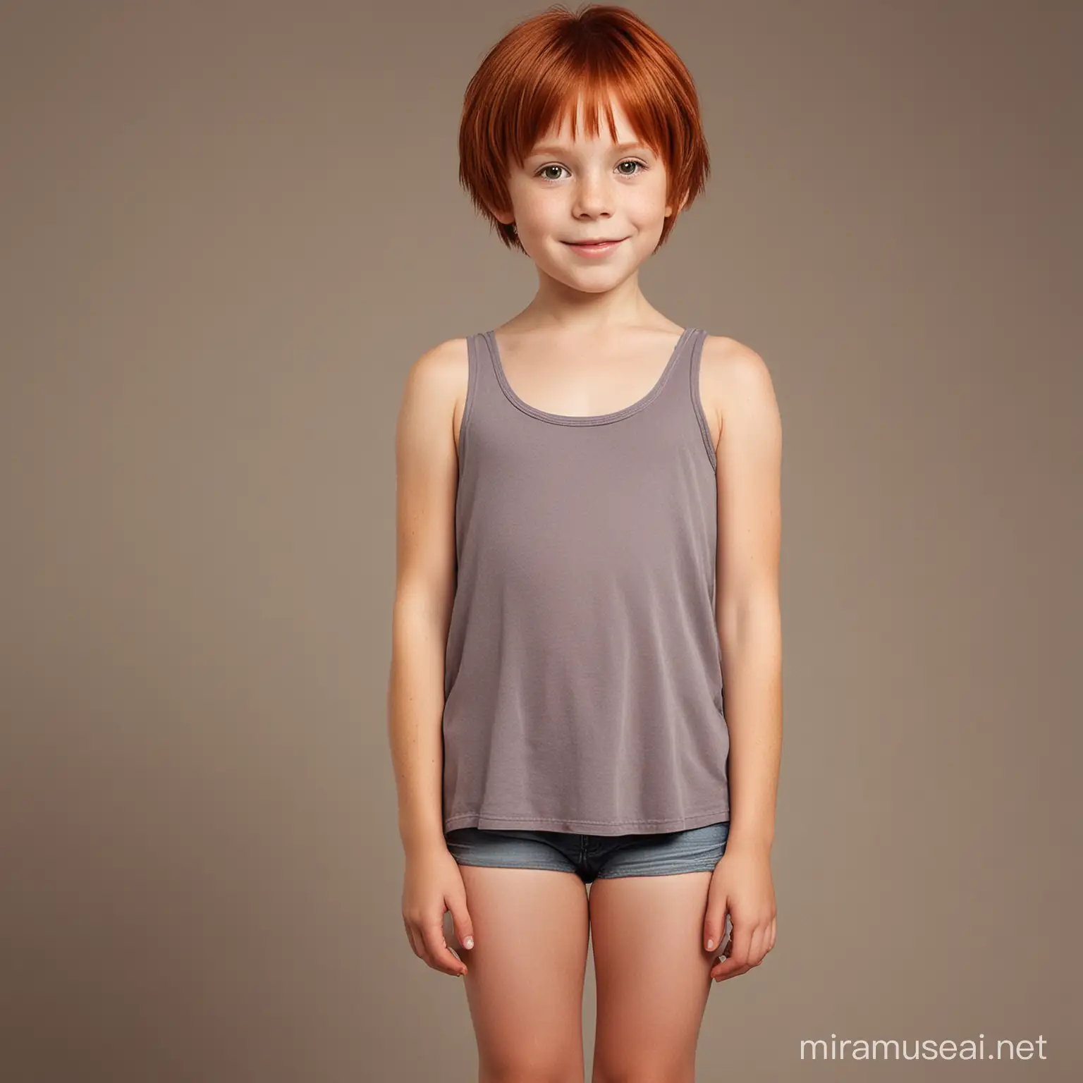 8 year old young girl, short straight red hair, thick body, full body,