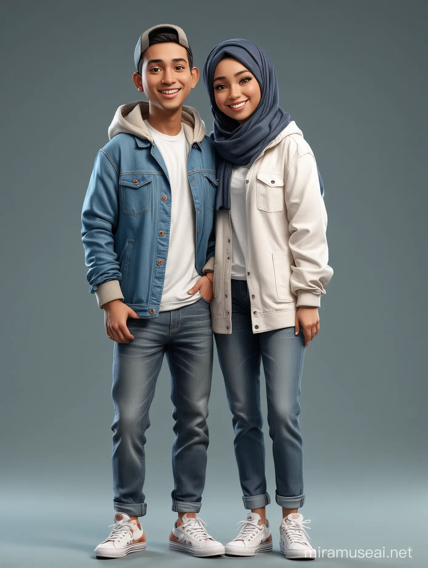 Photo realistic caricature 3d cartoon render, of a couple. one beautiful Indonesian Muslim girl, slightly chubby, Wear hijab with a parka jacket 
and denim jeans complete with white sneakers and one Muslim man, wear flannel shirt, snapback trucker and converse shoes.