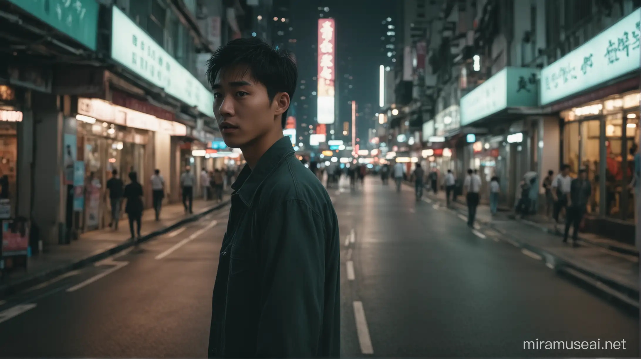 a young asian man walking on a hongkong avenue in the night like a wong kar wai movie shoot on panavision #cinematic