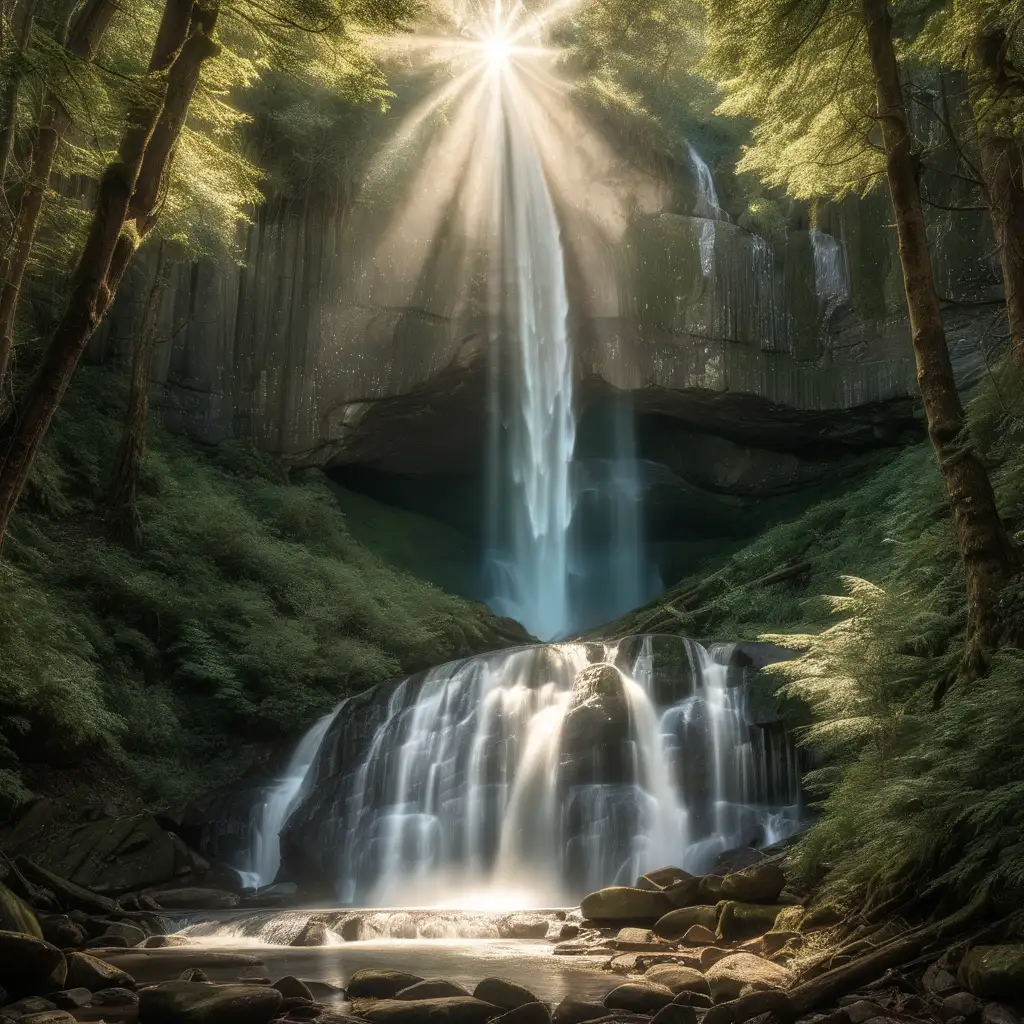 idillic waterfall in the middle of a forest with light shine through the tress
