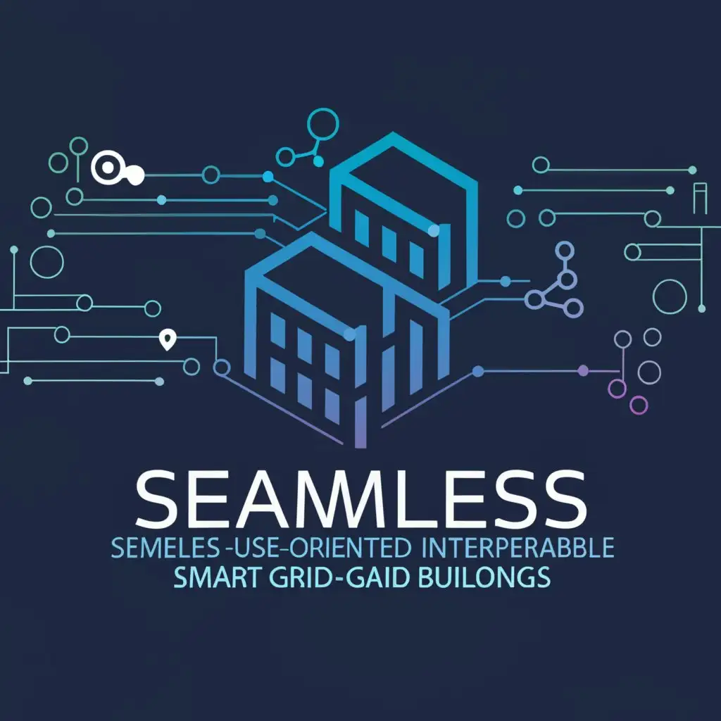 a logo design,with the text "SEAMLESS USER-ORIENTED SEMANTIC INTEROPERABLE SMART GRID-READY BUILDINGS", main symbol:A stylized digital blueprint of a building with smart grid elements and user interfaces subtly integrated into the design, emphasizing the project's focus on smart, user-oriented design.,Moderate,clear background
