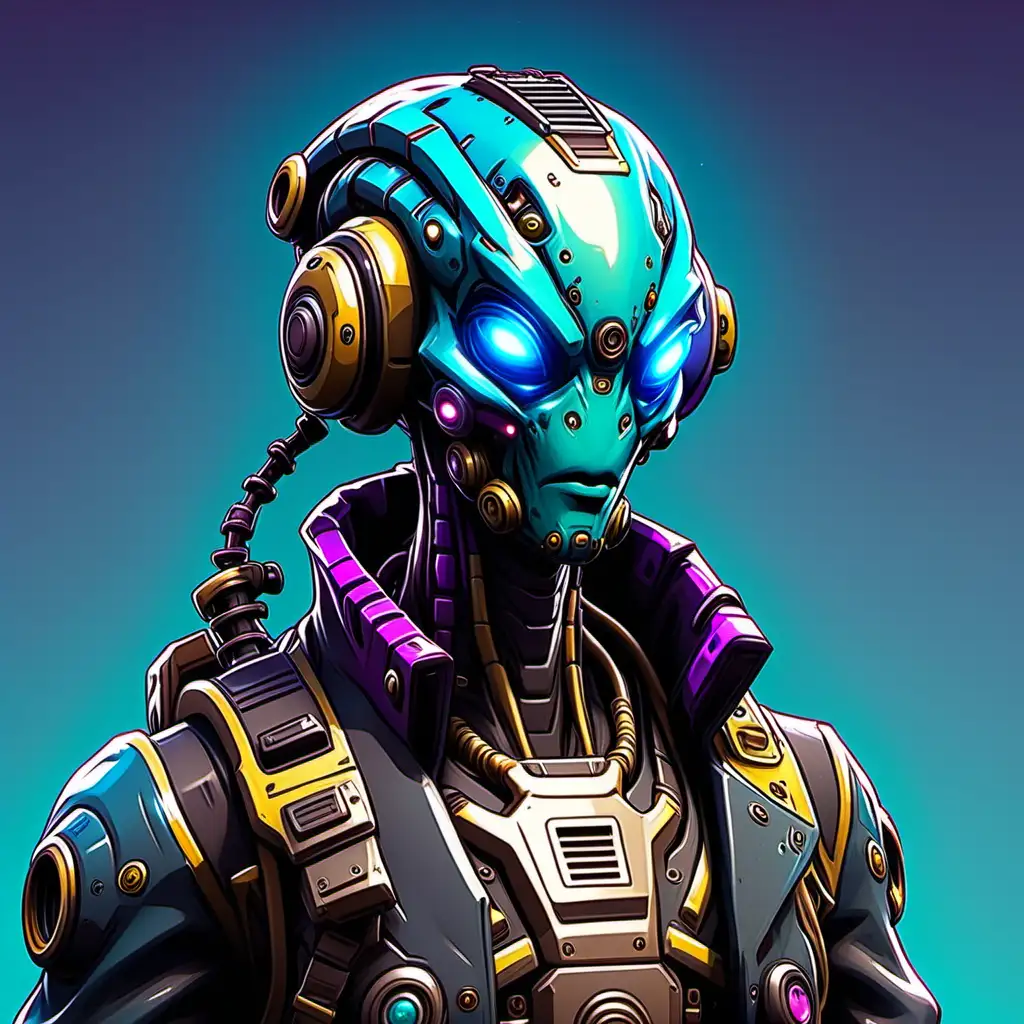 fortnite style cyberpunk with a little tiny alien operating his head like its a ship running the characters body like it was a mech suit