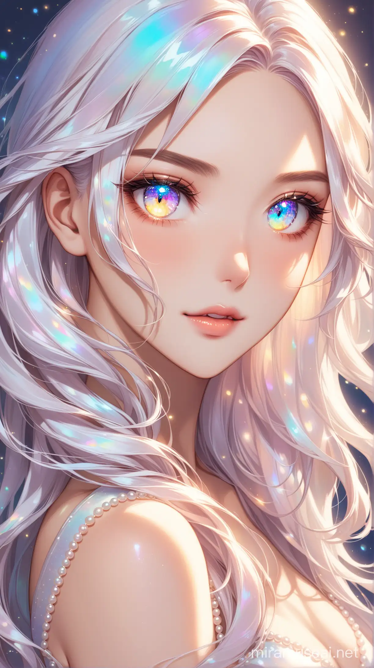 Ethereal Woman with Pearlescent Hair and Opalescent Eyes