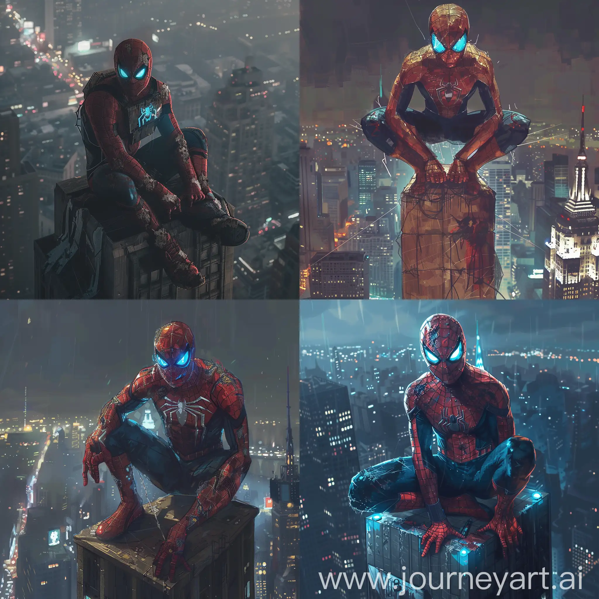 draw spiderman in modern style. His eyes glow blue. He sits on a high skyscraper in New York. It's night outside. Realistic style. It's night in the city and there are a lot of lights on. his suit is torn and skin is visible