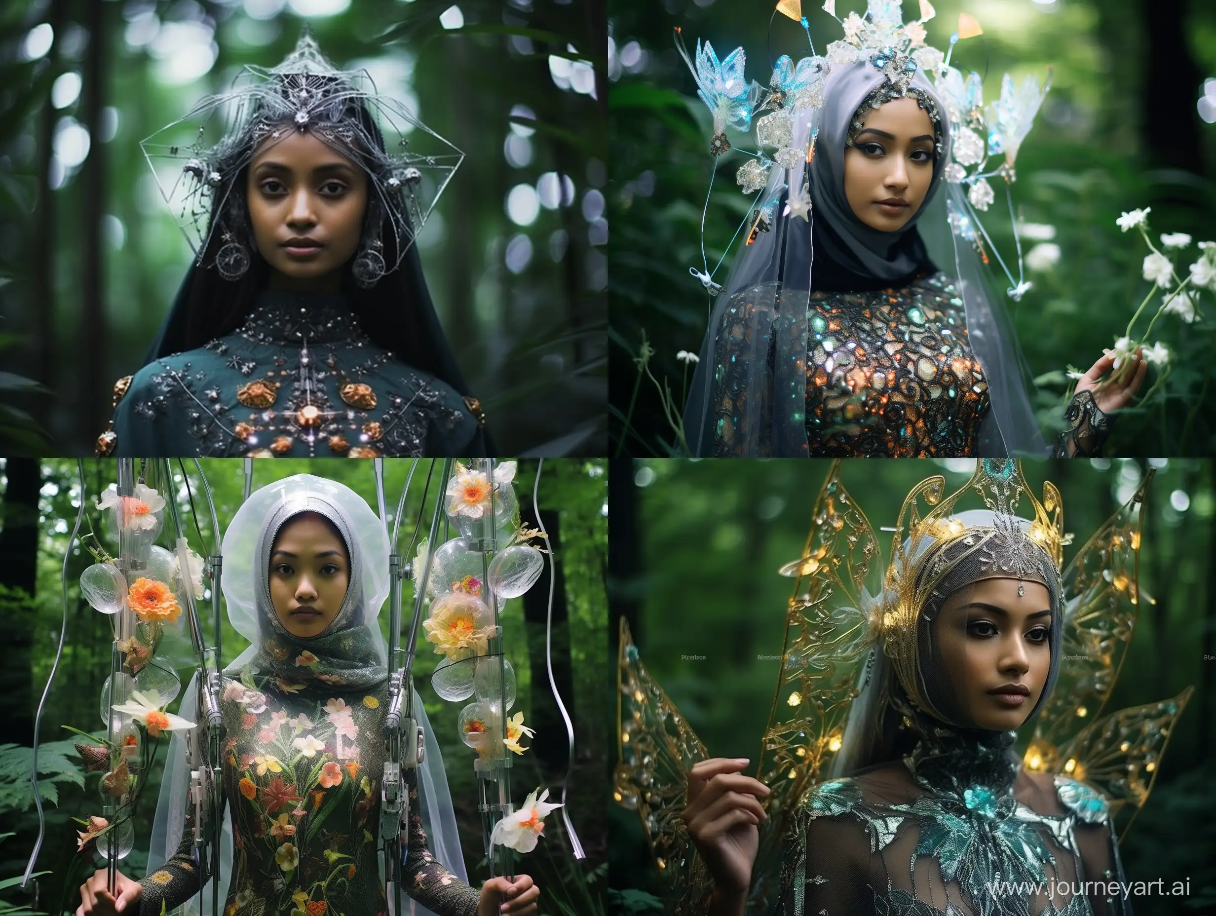 1 woman, photo of a 20 year old Indonesian princess who is very beautiful and smiles suavely, fully covered ((future hijab)) ((closed tonic)) ((robe)) ((closed robe)) clothing covering her entire body ((muslim))dressed in futuristic cybernetic, wearing a futuristic crown, walking in a lush grass garden with lots of neon glowing butterflies, science fiction, complicated, neon lights, ((perfect face)), ((perfect hands )), ((perfect body )), ((anatomically correct)), ((ultra-realistic)), ((8k, UHD)), highly detailed, digital painting, art station, concept art, soft light, smooth , illustrations, art by tian zi and craig mullins and WLOP and alphonse mucha, ultra detailed faces, lingting cinematic sun,8k
