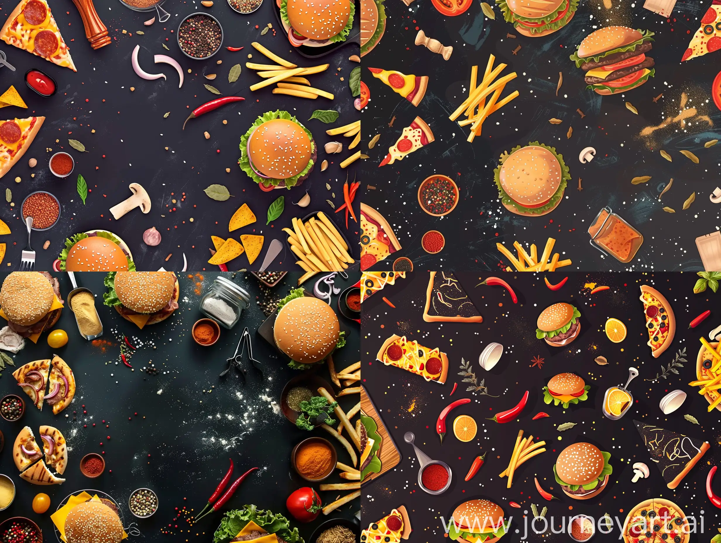 Delicious-Fast-Food-Spread-with-Burgers-Pizza-and-French-Fries-on-Dark-Background
