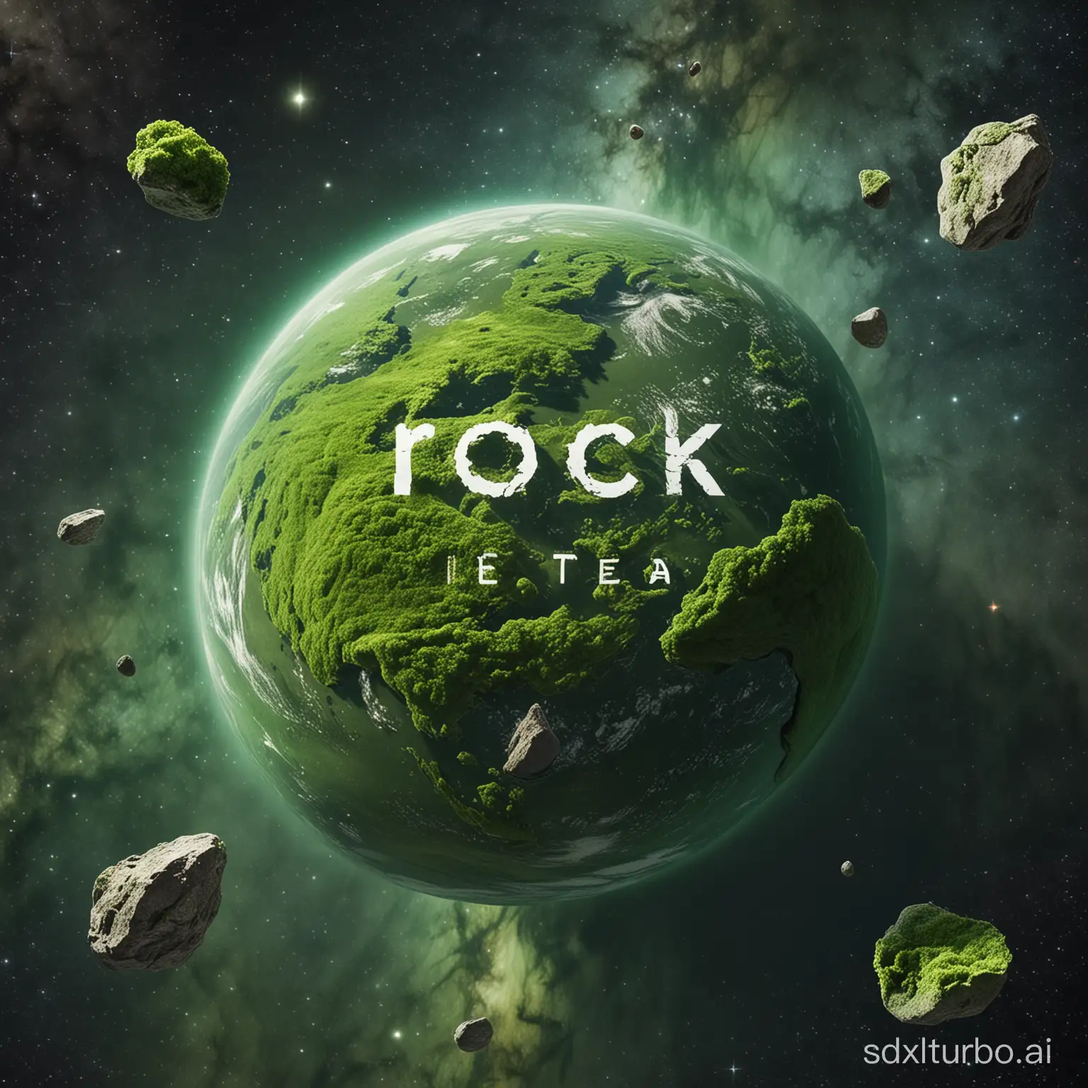 A green planet in the universe with the words 'rock tea' written on it