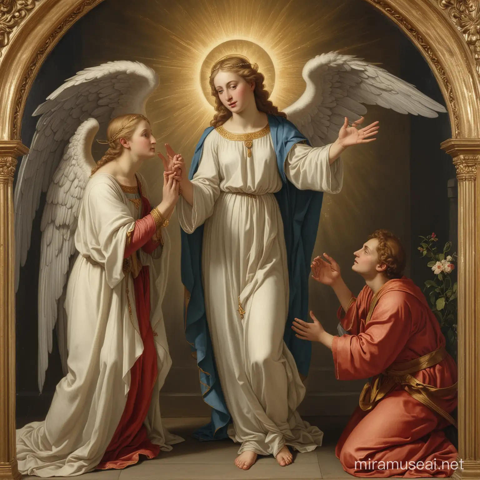 the angel Gabriel announces to the Madonna that she will have a son