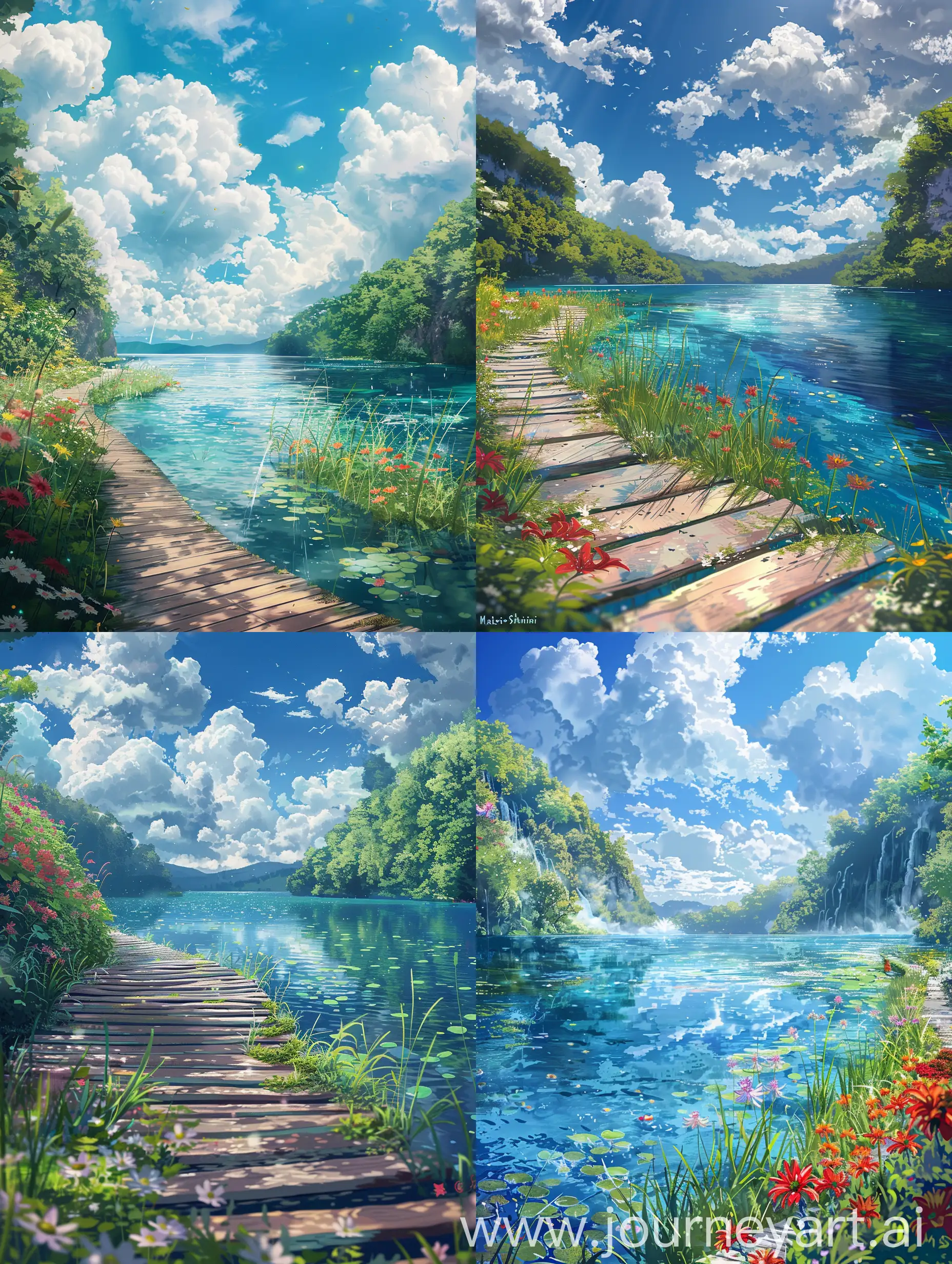Beautiful anime style,makato shinkai tyle,lost in the wonders of nature,where air and water has a seemless flow,clouds are fluffy,sky is beautiful,vibrant flowers,a little bit of grass,inspired from One of the most beautiful walkways in the world. Plitvice Lakes National Park, Croatia,everything is highly detailed,water is beautiful,natures wonder.