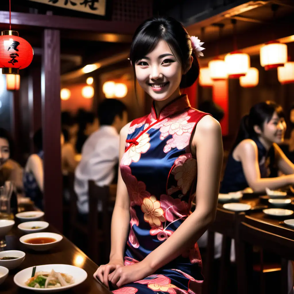 Smiling Japanese Woman in Cyberpunk Sleeveless Cheongsam Enjoying Izakaya Banquet