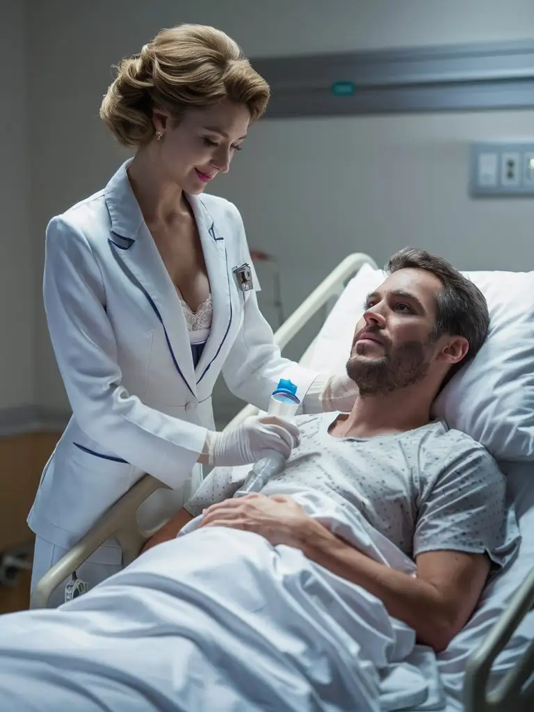 Hospital, Beautiful busty female doctor, in white nylons holding feeding tube over handsome male patient, lying hospital bed