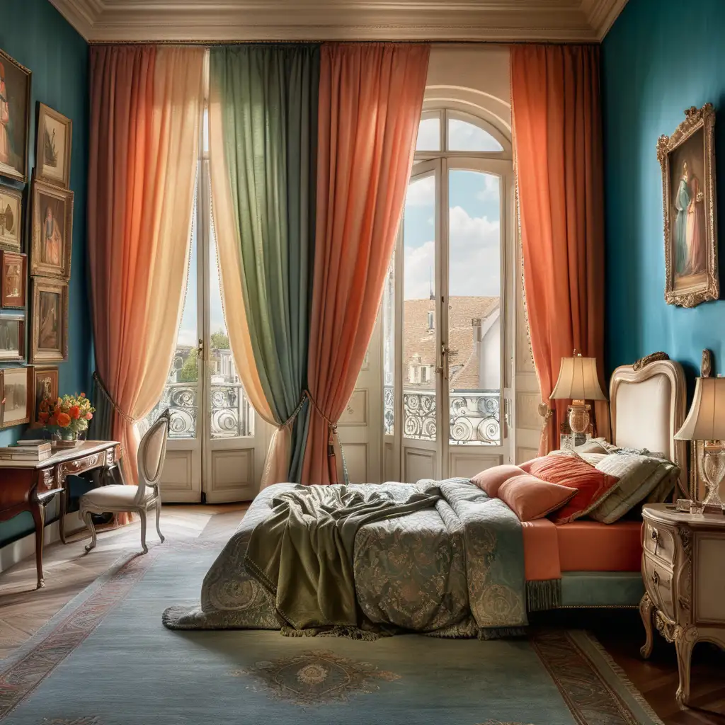 Using the colors and style of Agostino Veroni, paint a bedroom, focusing on the windows and curtains, with a bed in the room!
