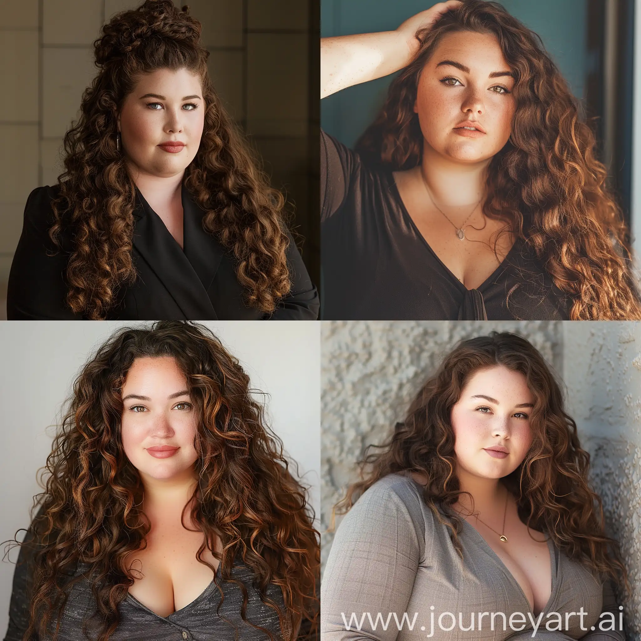A 24 year old plus sized White American Woman with Long Brown curly hair Office Fashion shot