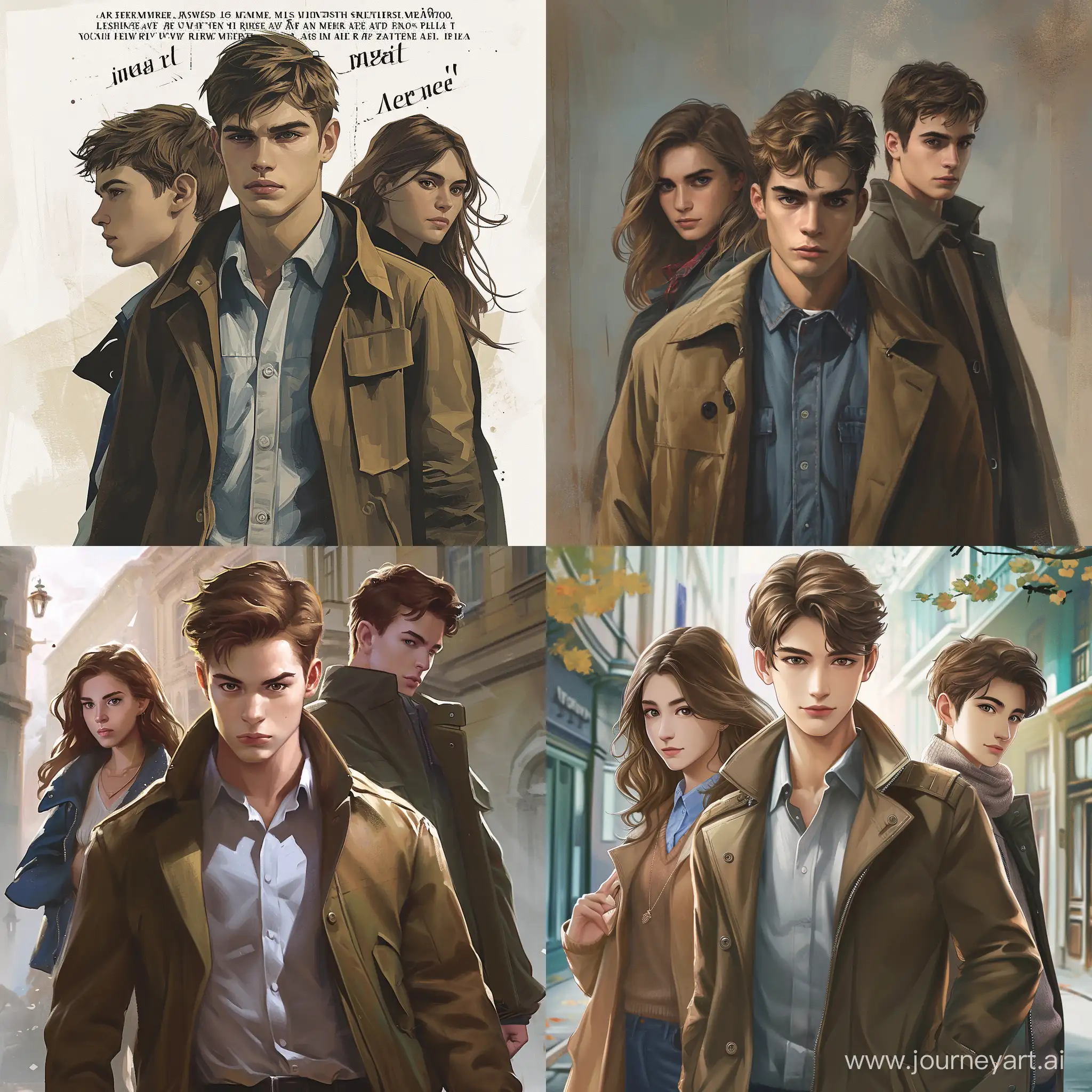 Create a cover for the book. There should be only three main characters in the picture, no inscriptions! In the center is a smart, handsome, serious, but kind teenager, he is 16 years old. Behind his back or next to him is the less intelligent, but very cheerful younger brother of the hero (he is shorter and stouter) and his girlfriend, a beautiful smart sweet girl. The brothers are different, they don't look like each other. The figures and faces of the characters should be as real as possible, as in the photo. The main character's clothing style is a shirt without a tie (or a sweater) and an open coat, while his brother's is typically teenage.