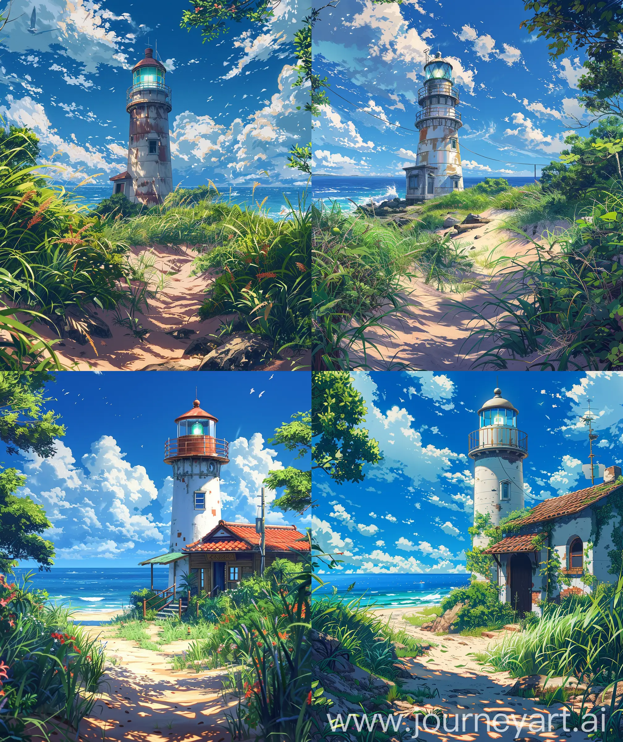 Beautiful anime scenary, mokoto shinkai and Ghibli style mix, direct front facade view of lighthouse, seaside, tropical view, sand, grass, tropical bushes, day time, blue sky, close up view, vibrant look, beautiful sky, anime scenary, ultra hd, High quality, sharp details no hyperrealistic --ar 27:32 --s 400