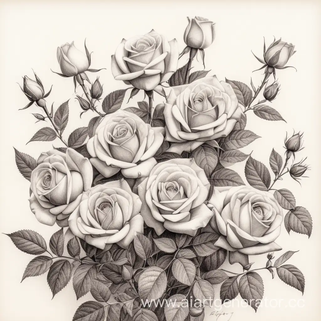 Куст роз с небольшими цветками, нарисованный аккуратно простым карандашом
