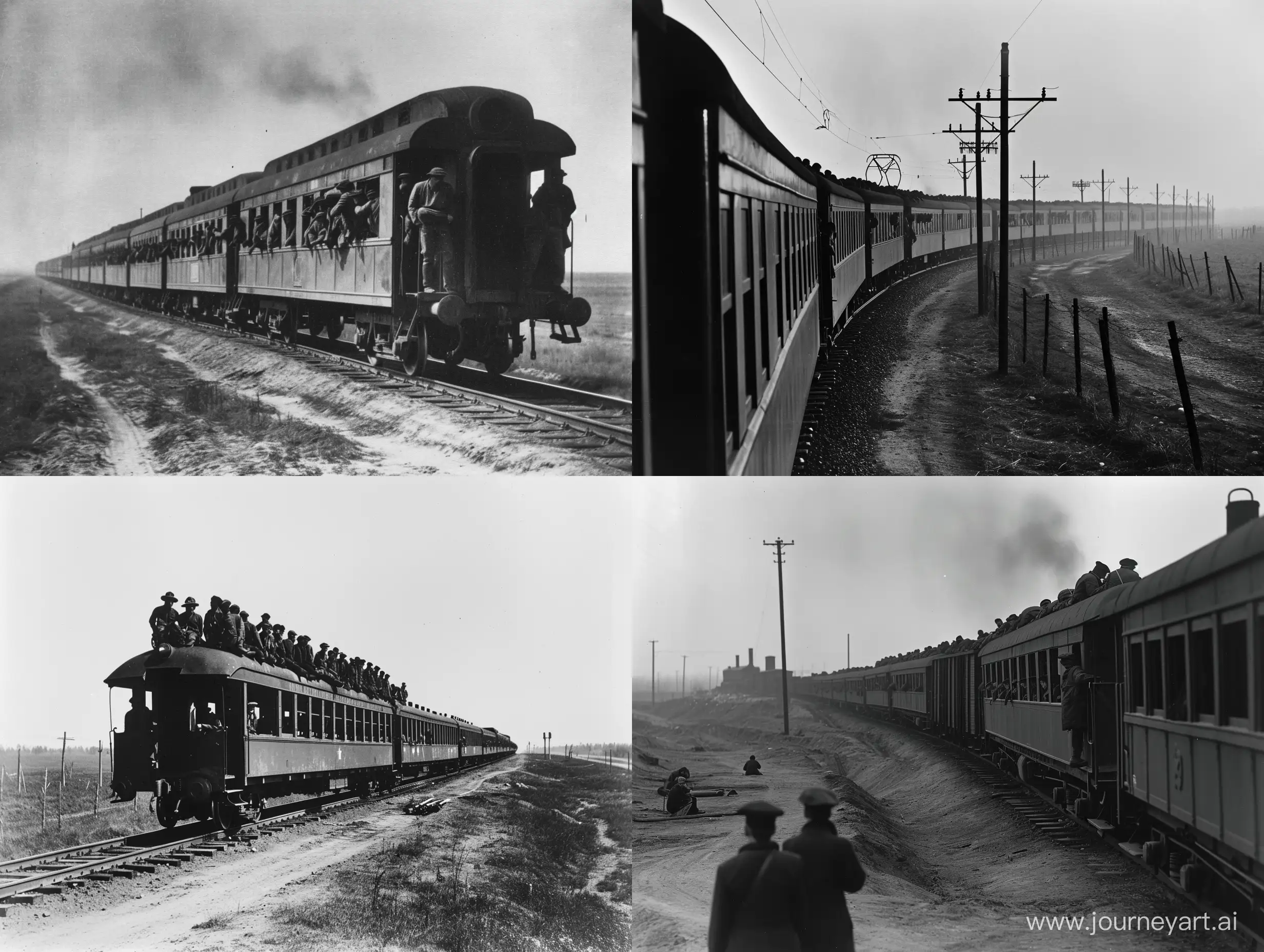 Поезд с заключёнными отправляется в ГУЛАГ, действие происходит в СССР 1930-ых годов, черно-белое фото
