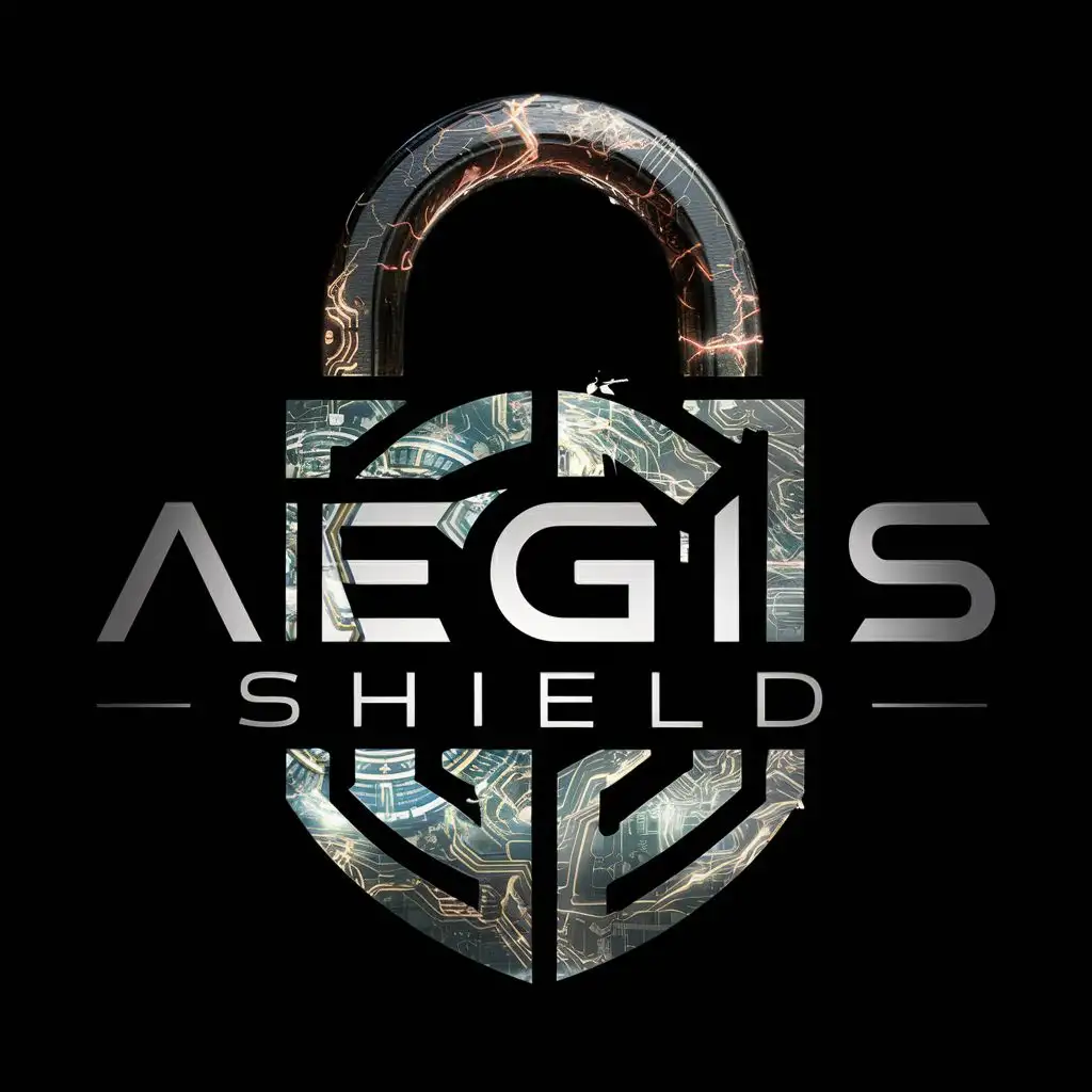 logo, padlock cybernetics futuristic with intricate and advanced / modern engraved designs with electrical light flowing through, more colors also. The logo name should be the only text, make sure no extra text gets added., with the text "Aegis Shield", typography, be used in Technology industry