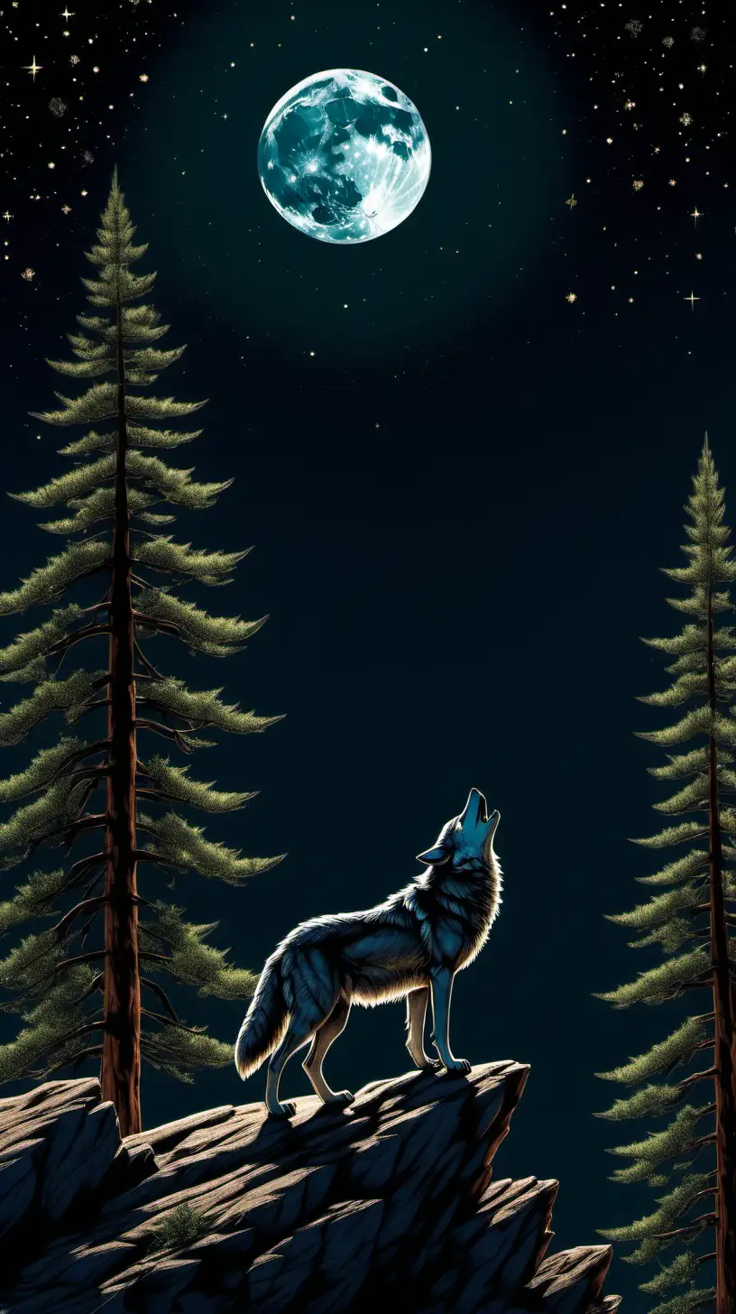  distant backlit sitting wolf  on a cliff howling at crescent moon, closeup  green pine trees  clear night, stars,  