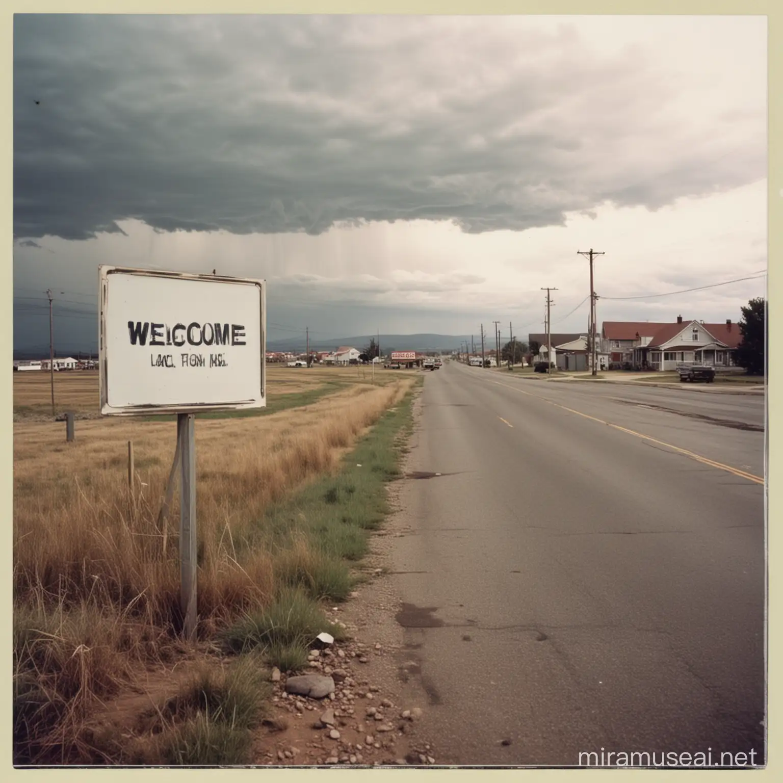 Vintage Welcome Sign in Serene Small Town Amidst 1993 Cloudy Apocalypse