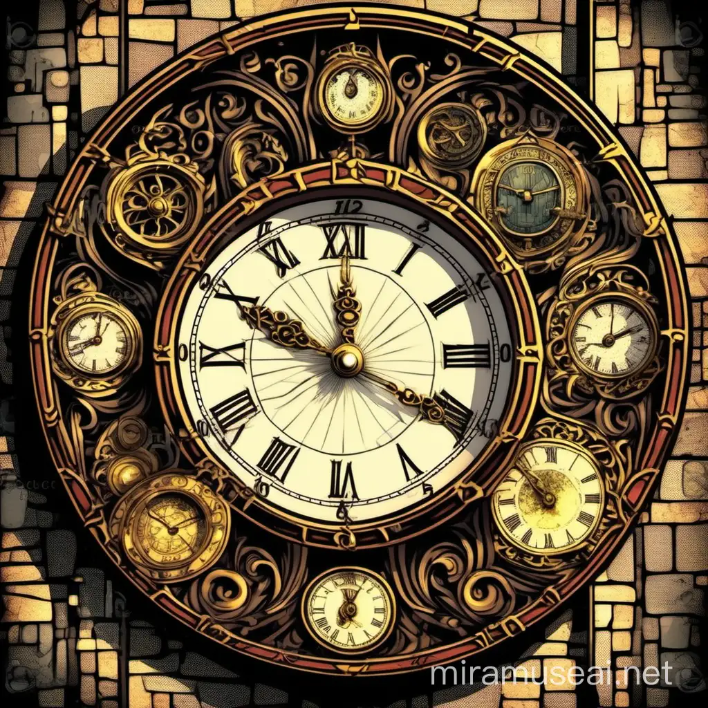 clock comic book art style medieval fantasy. fantasy background
