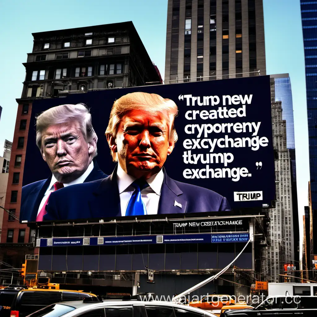 Электронный билборд на улице Нью Йорка с надписью «Trump created kylex - new cryptocurrency exchange» и лицом трампа на этом билборде