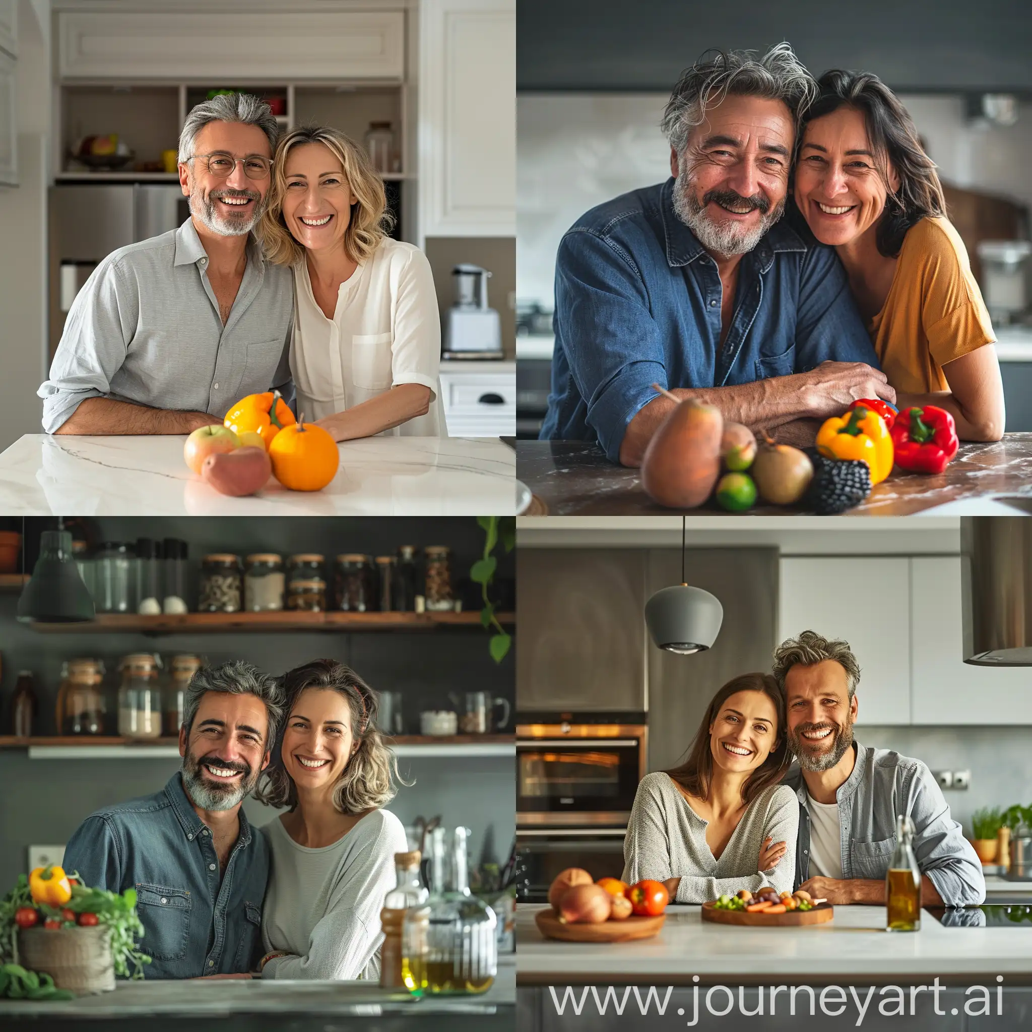 mid-aged couple happy and healthy behind the counter top in the kitchen