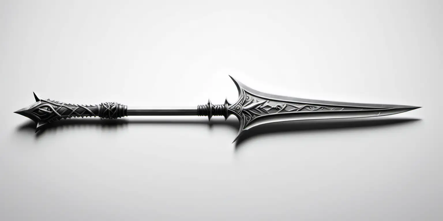 Show me Odin's spear, Gungnir, in grayscale on a white background, lying on its side