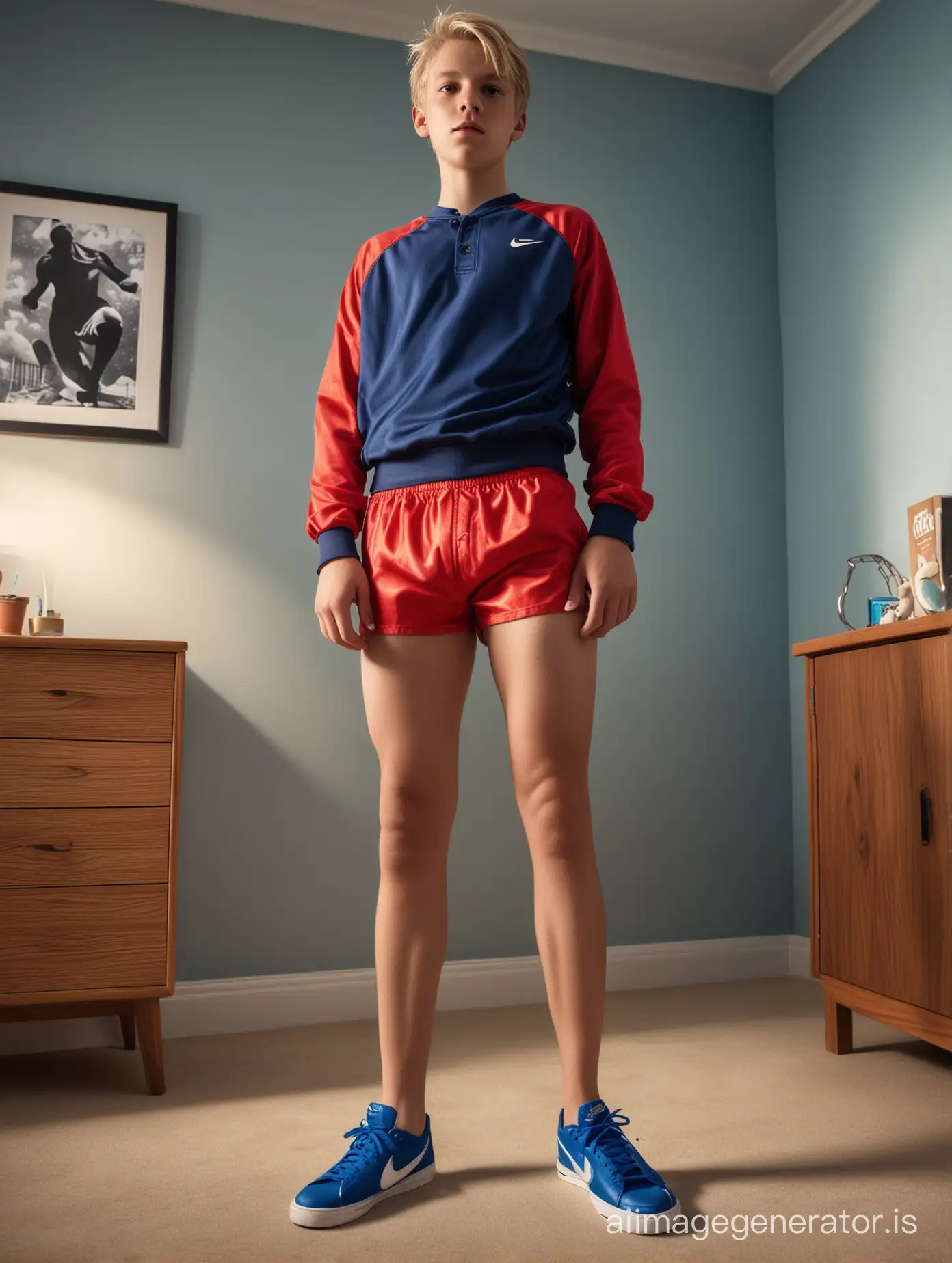 A confident blond teenage boy stands in his room with an expressive pose, wearing a red silk swimming trunks and blue unbuttoned Nike sweatshirt. The angle focuses on his crotch from below, showcasing his belly, smooth body with light muscle definition, long legs, dramatic lighting, photorealistic, capturing the essence of youth and freedom